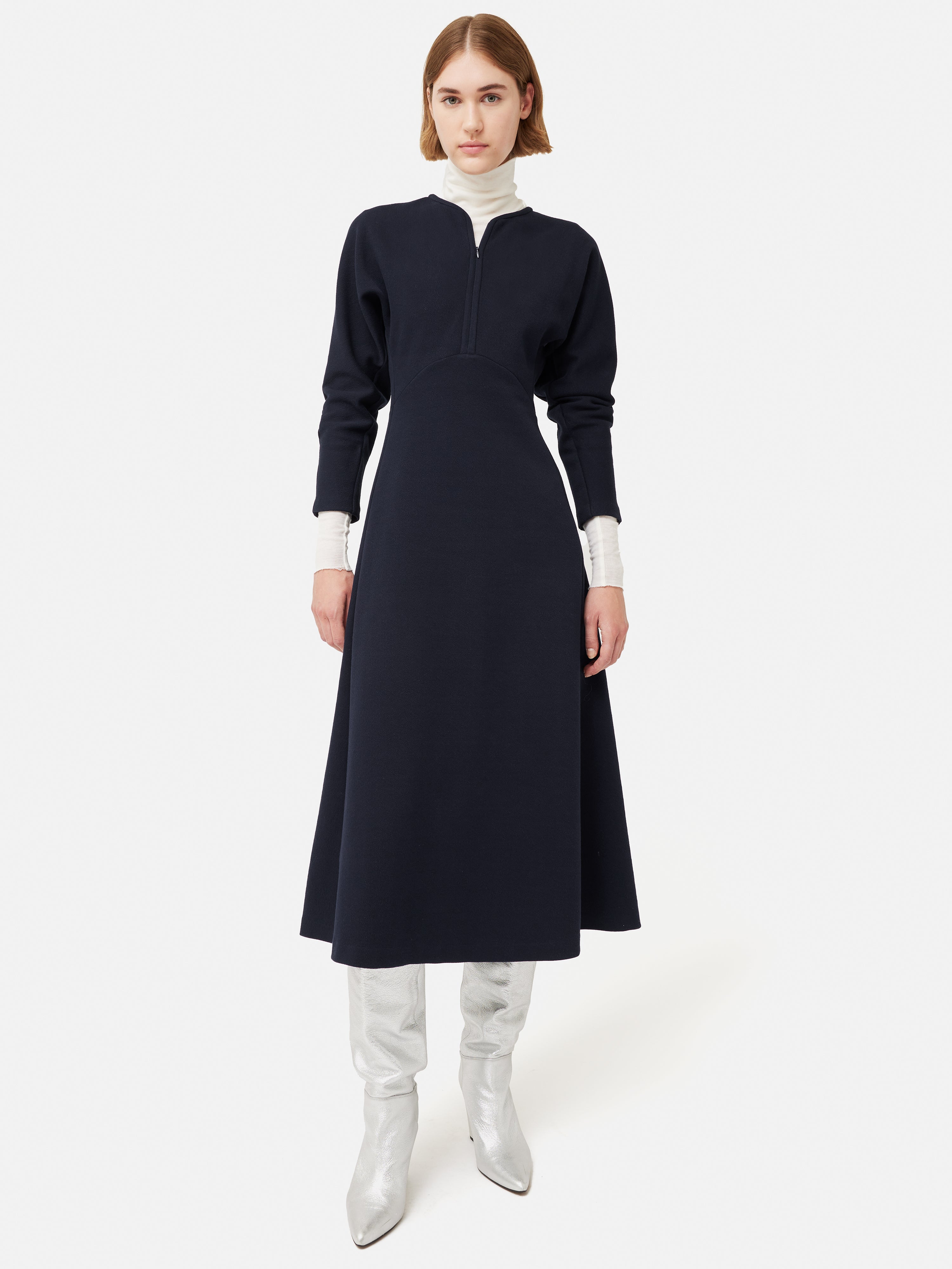 Heavy Crepe Jersey Zip Dress | Navy