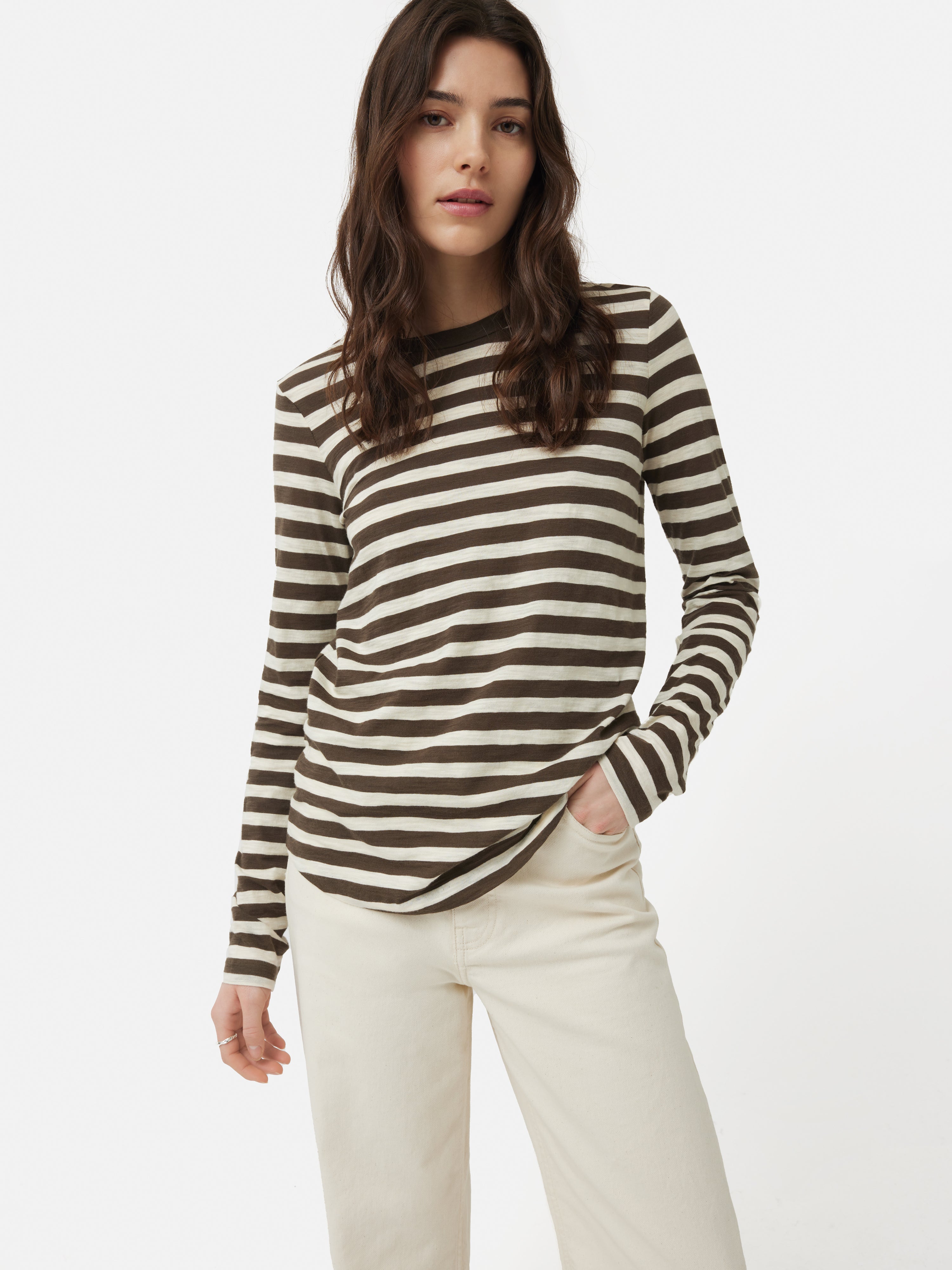 Oversized Cotton Slub Long Sleeve Top in Espresso