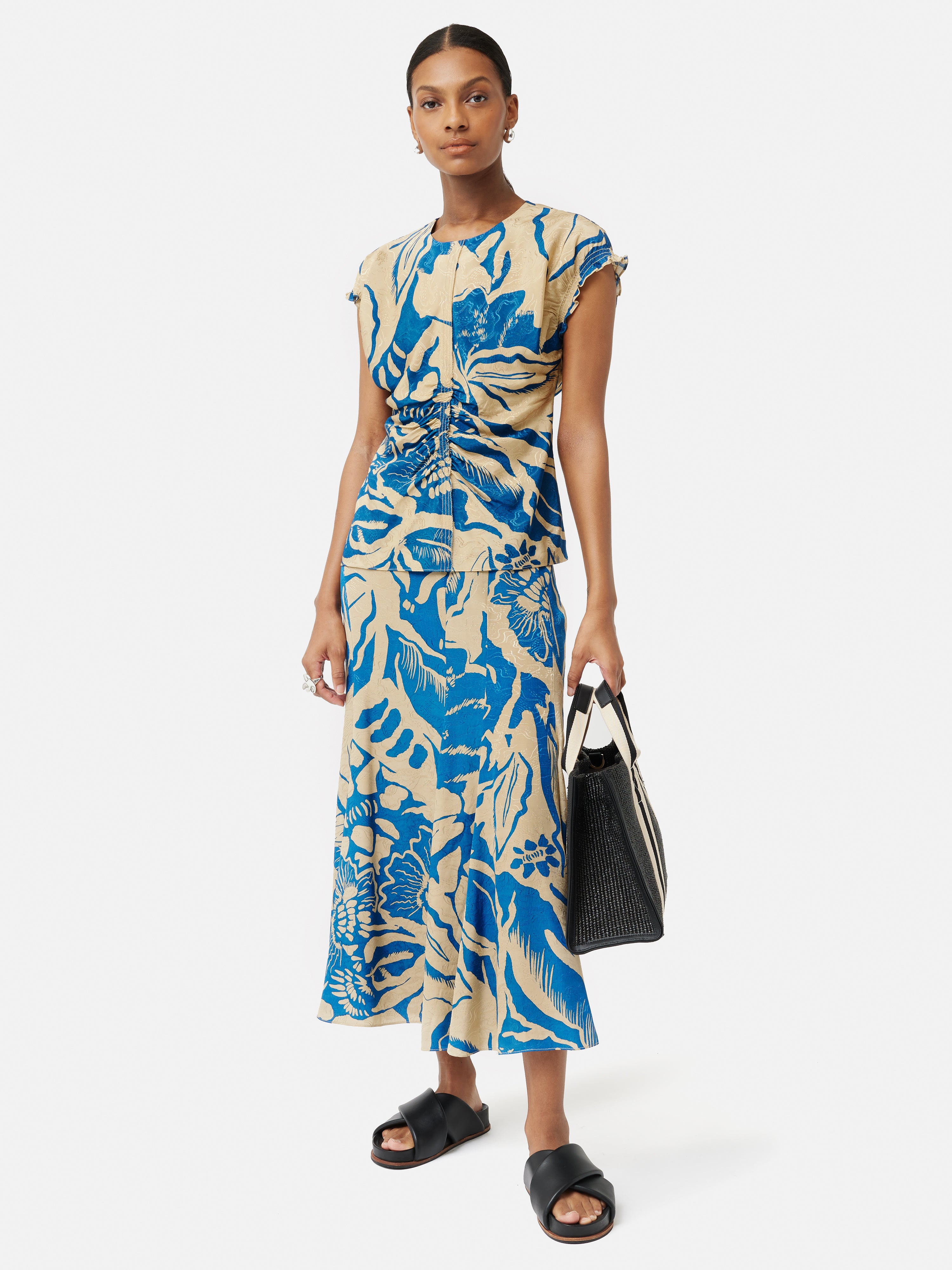 BLUE MIXED SOLID & FLORAL JAQUARD TOP main image 1