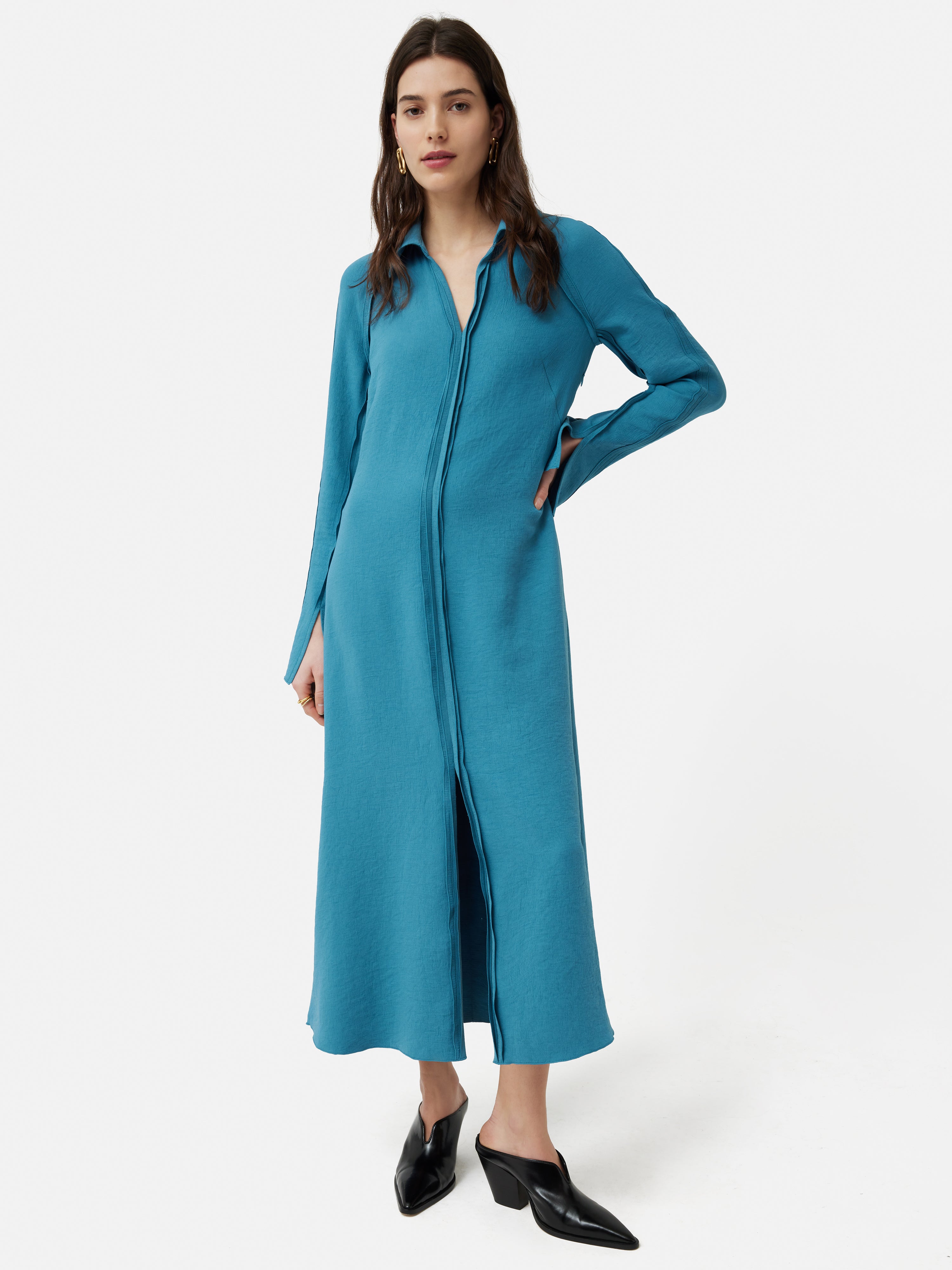 blue shirt dress crepe CREPE de CHINE HALF SLEEVE BOX SHIRT DRESS S