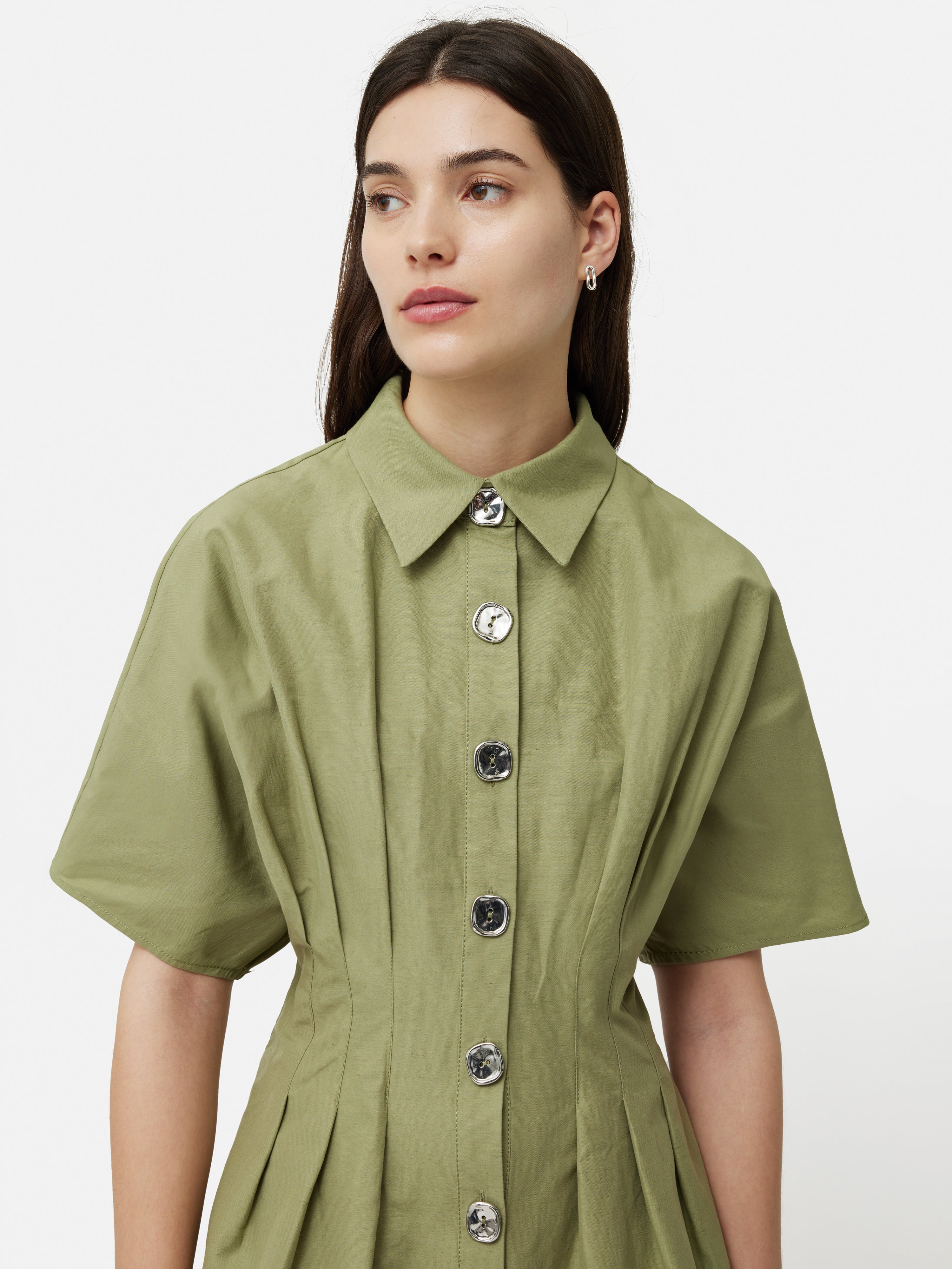 Cotton Stitched Pleat Dress | Green Jigsaw Cotton Stitched Pleat Dress | Green Jigsaw