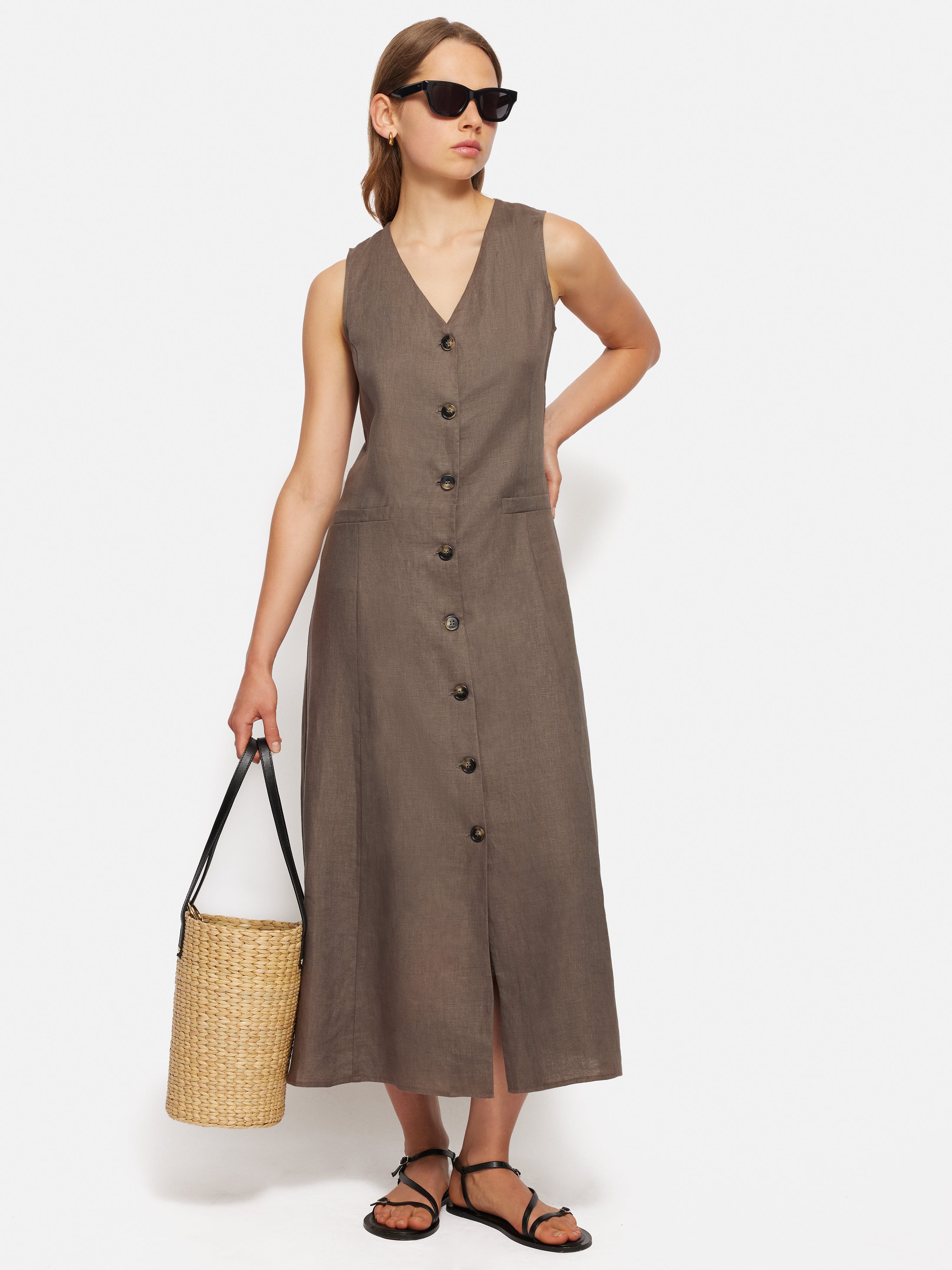 Linen Waistcoat Dress | Brown Jigsaw Linen Waistcoat Dress | Brown Jigsaw