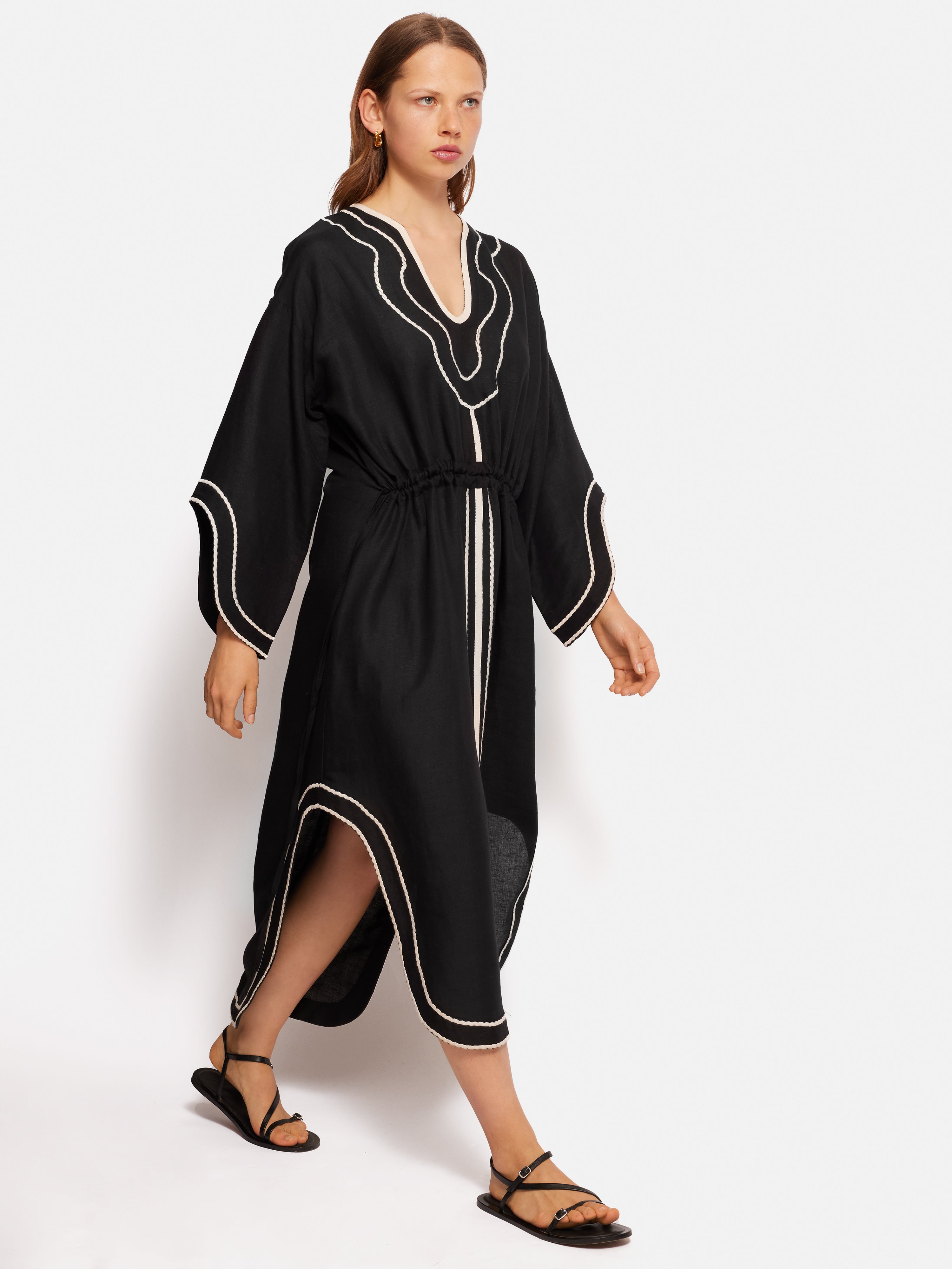 Linen Blend Embroidery Kaftan Black Jigsaw