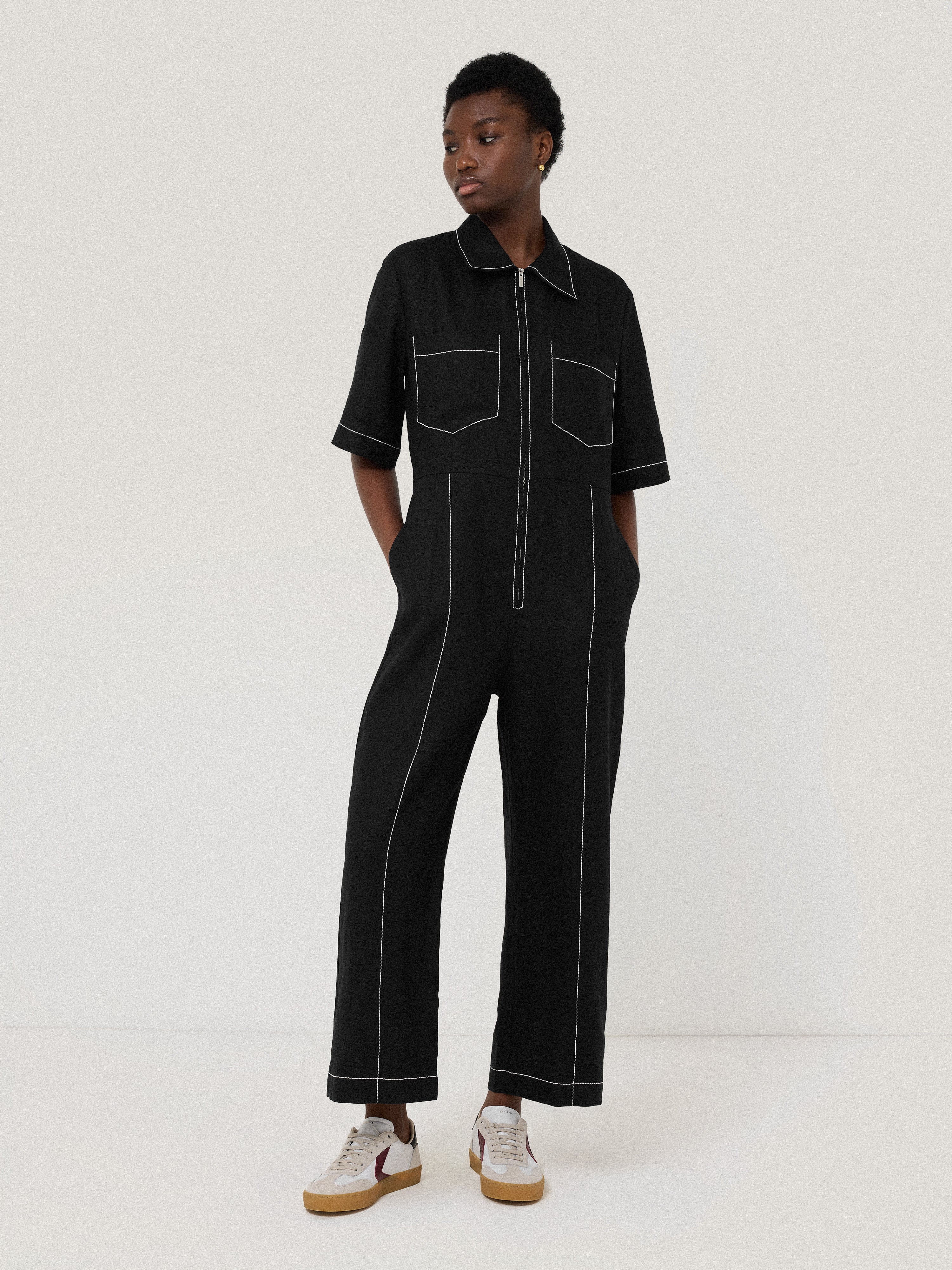 Linen Contrast Stitch Jumpsuit Black – Jigsaw