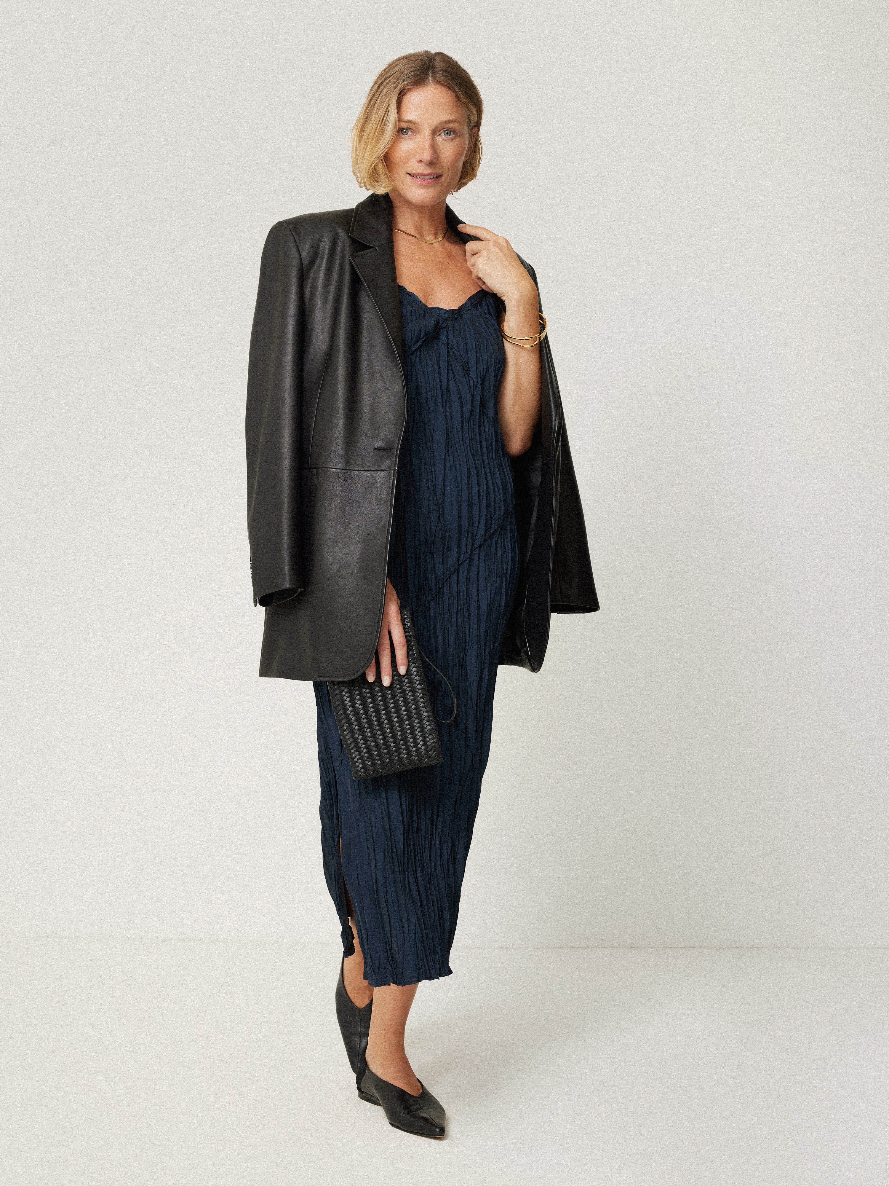 Satin Drape Plisse Slip Dress Navy – Jigsaw - Main Image