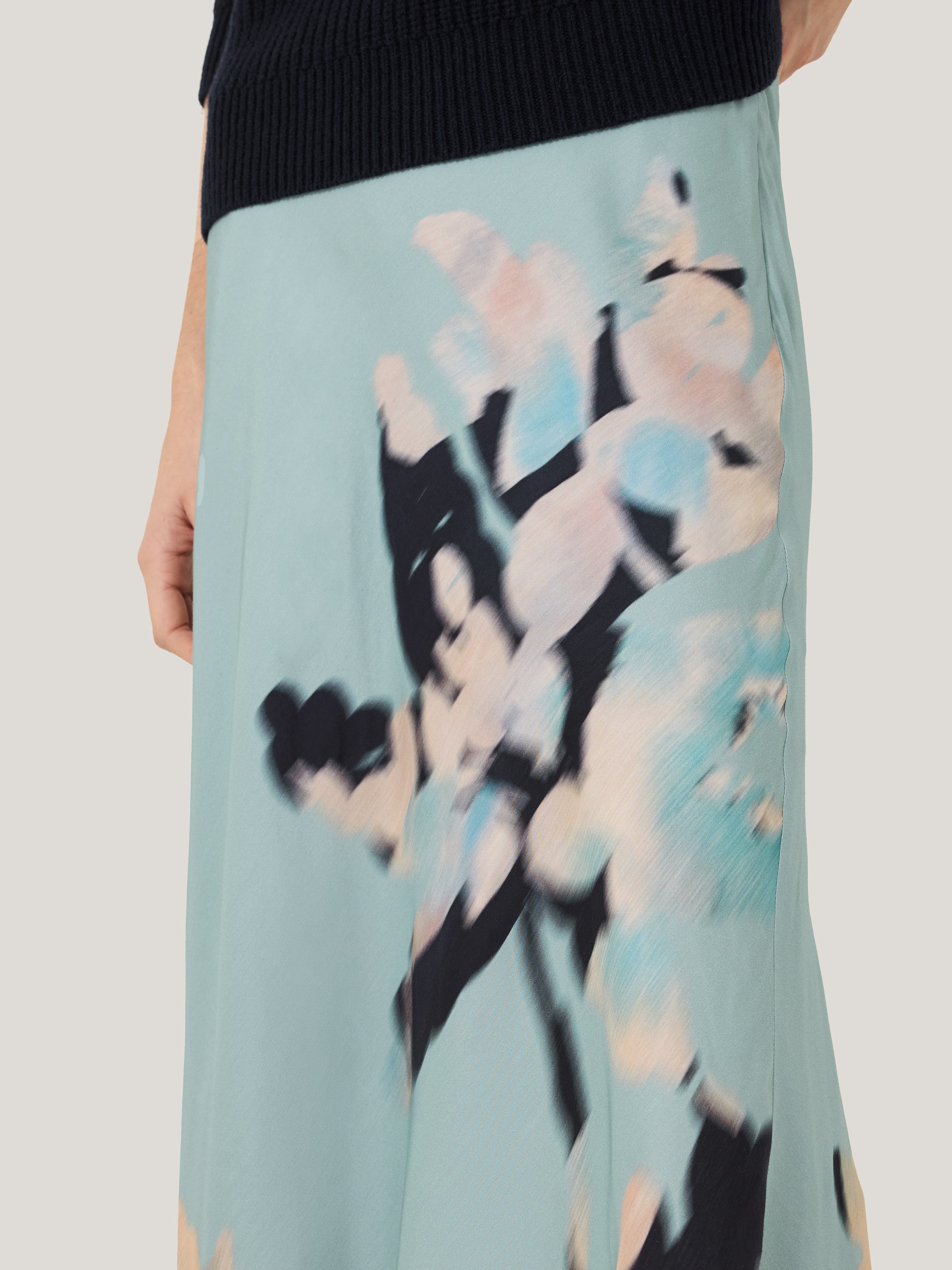 Grey Royal Blue Floral Skirt Floral Drift Silk Blend Skirt Blue