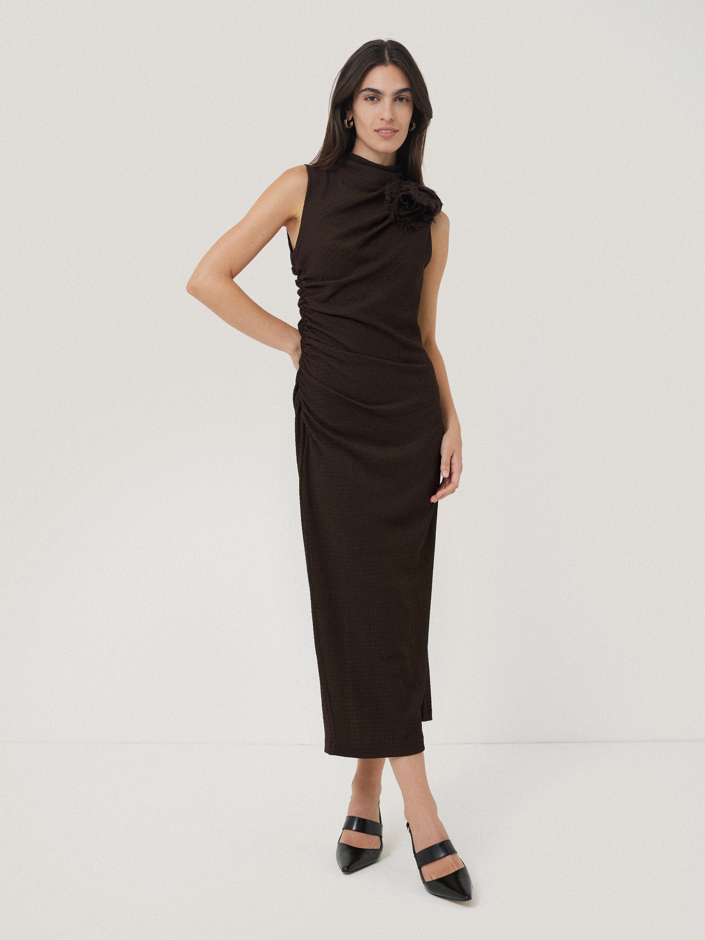 Crinkle Ruched Corsage Dress Dark Brown – Jigsaw - Main Image