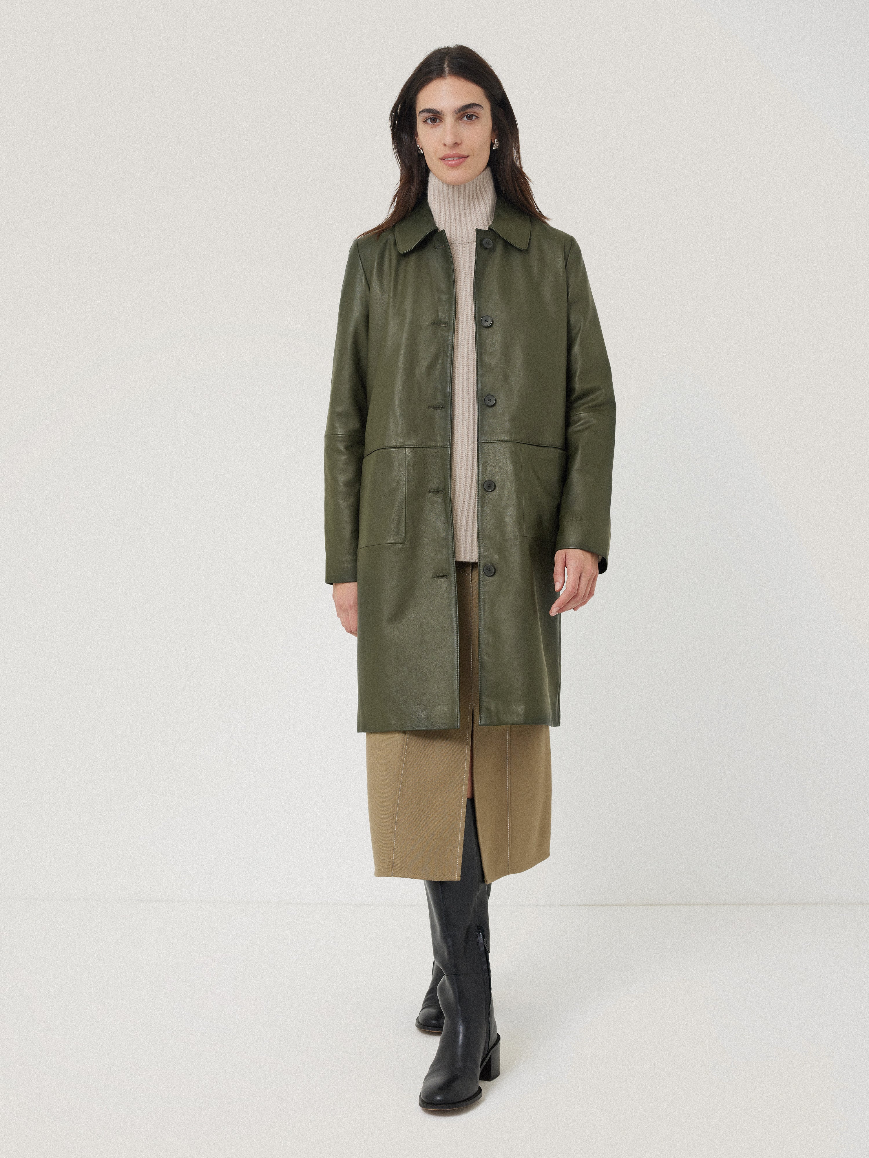 Leather Knee Length Coat Green – Jigsaw1