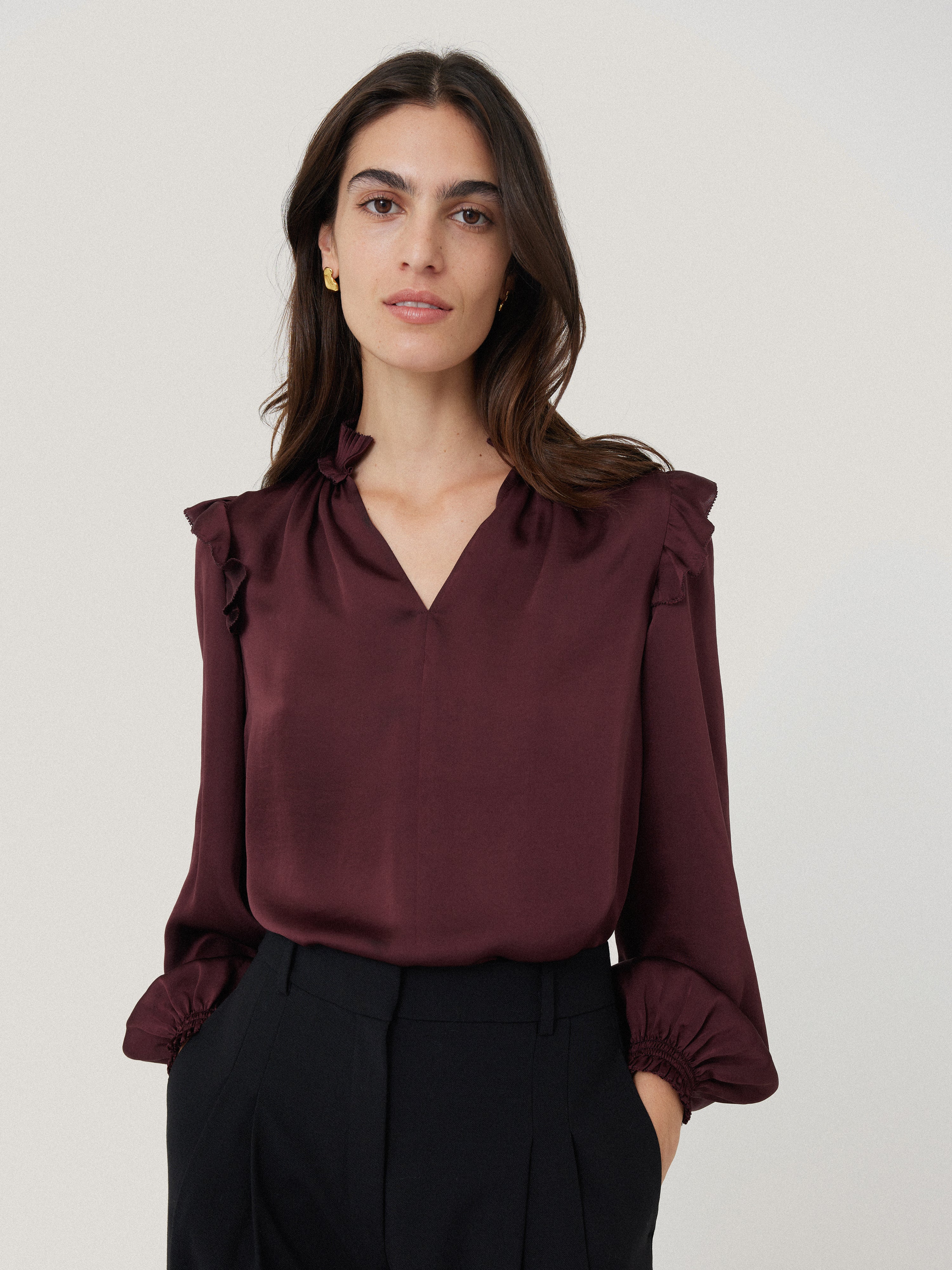 burgundy ruffle blouse