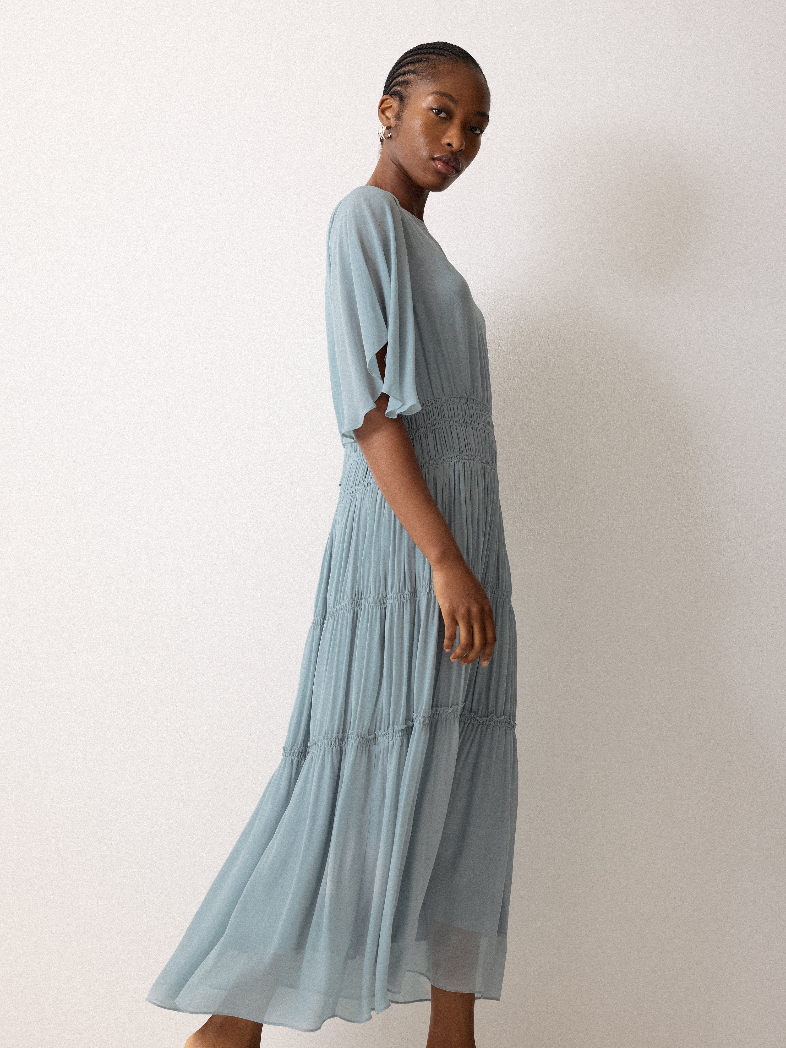 Chiffon Gathered Dress | Blue Jigsaw Chiffon Gathered Dress | Blue Jigsaw