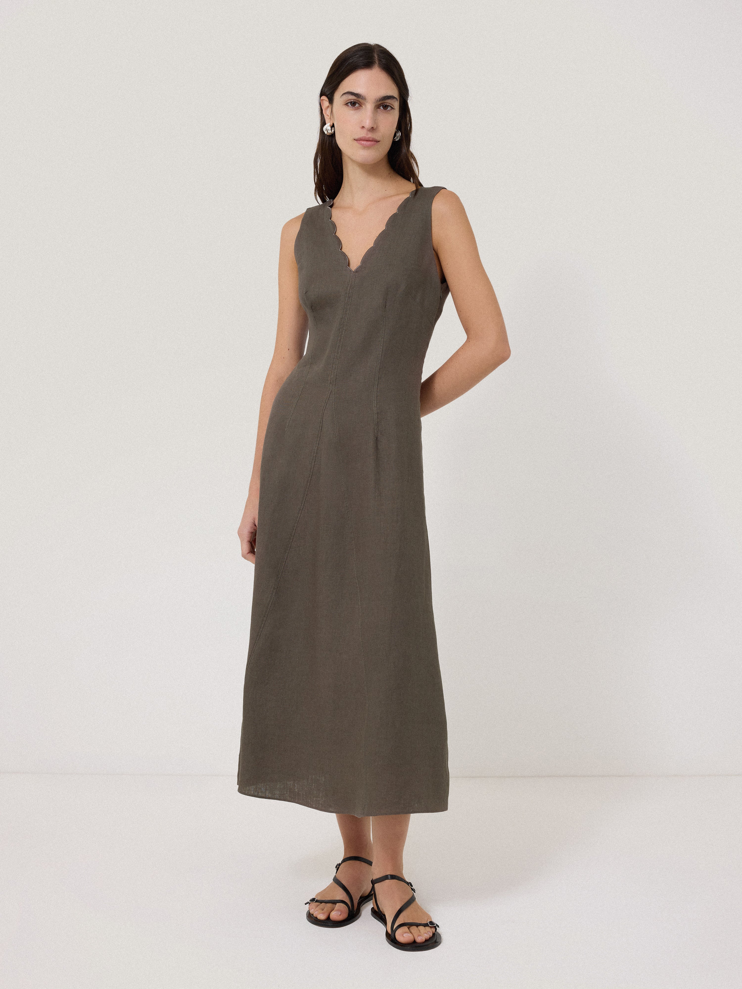 Scallop Detail Linen Dress Brown – Jigsaw