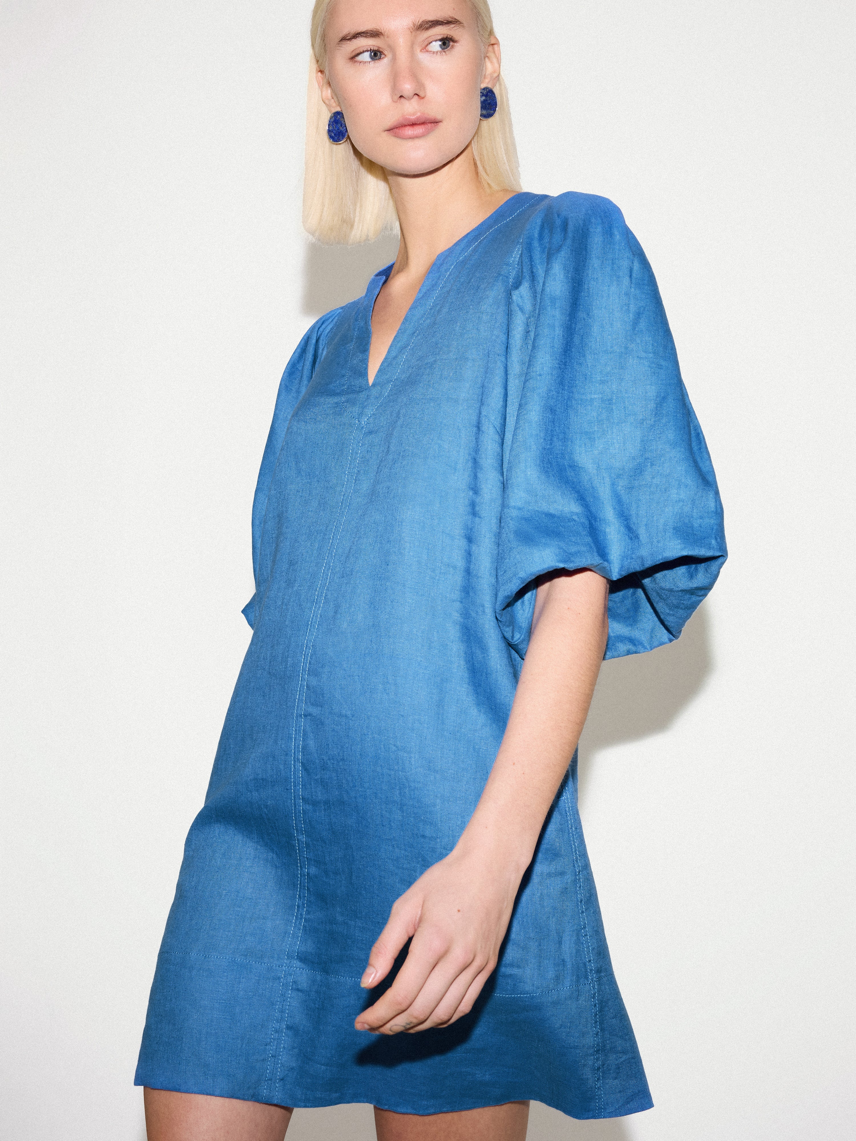Linen Puff Sleeve Mini Dress