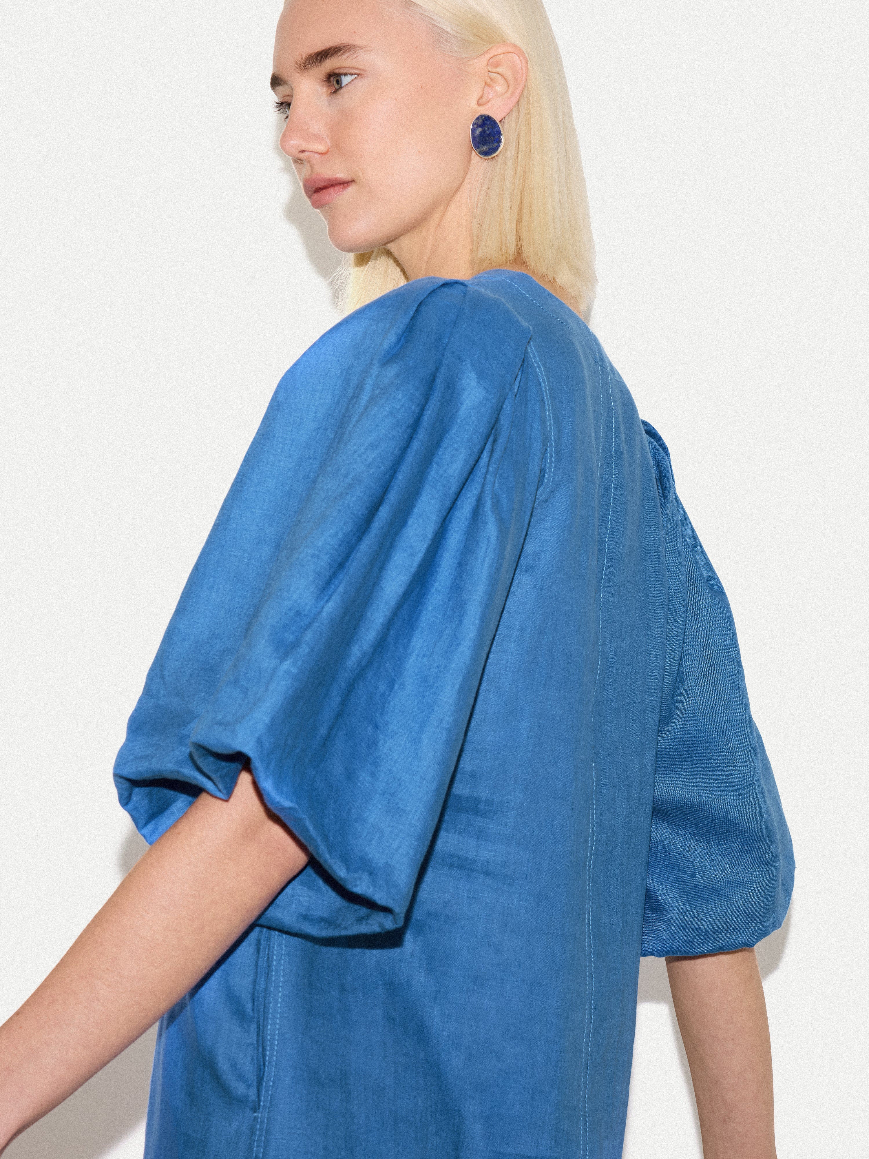 Linen Puff Sleeve Mini Dress | Blue