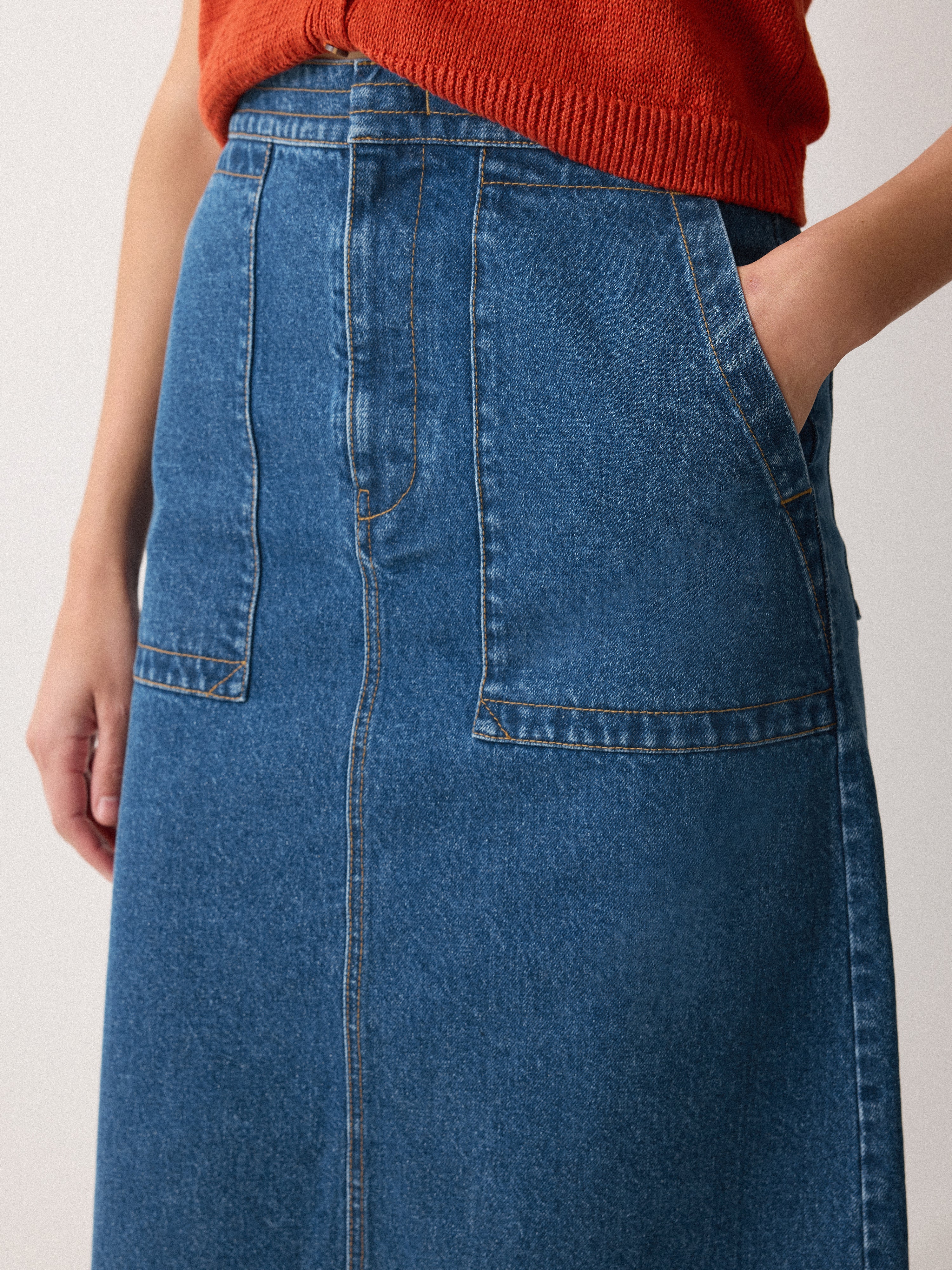 Denim Patch Pocket Midi Skirt Vintage Mid Blue – Jigsaw