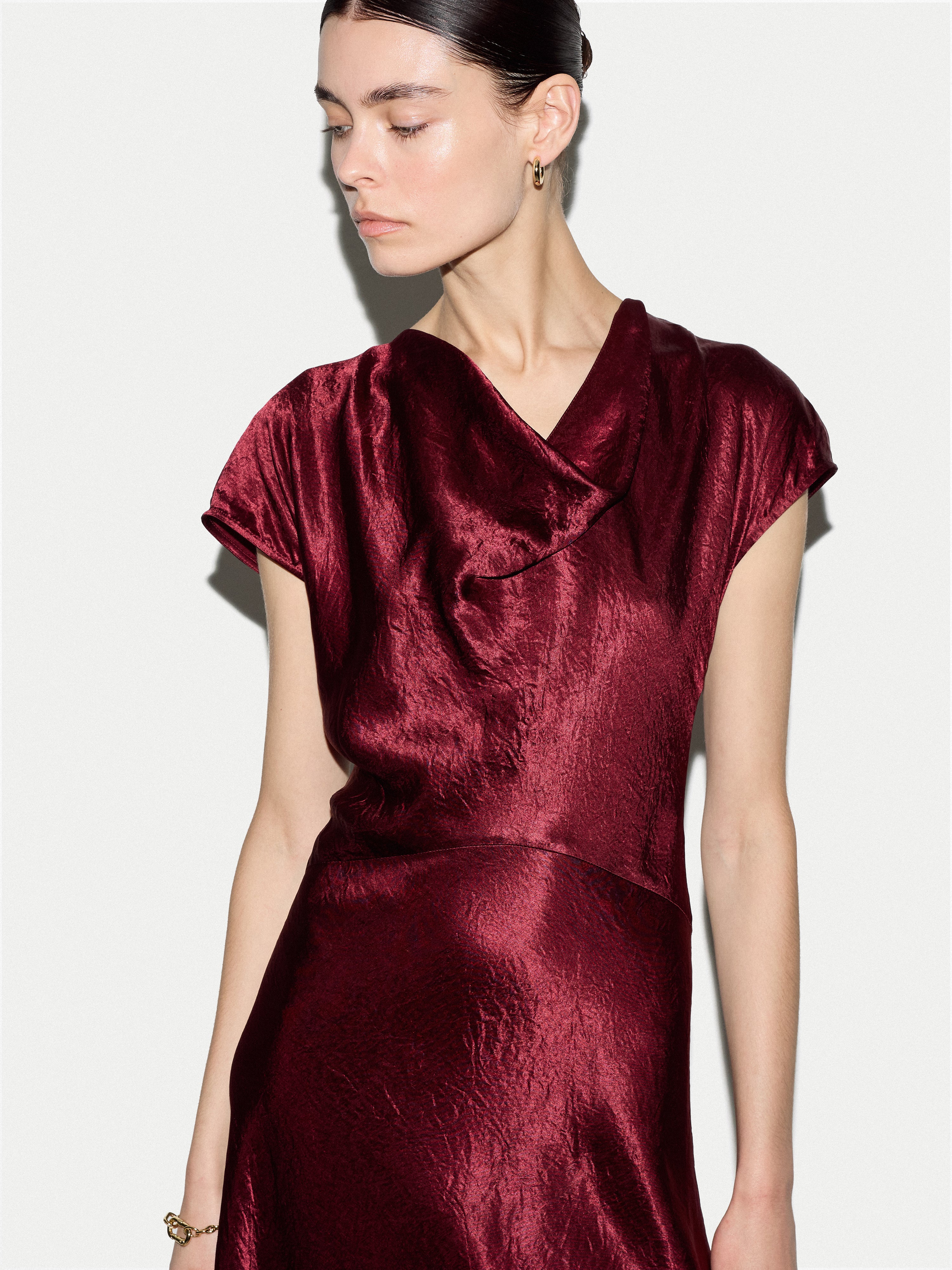 Textured Satin Cowl Neck Dress | Burgundy