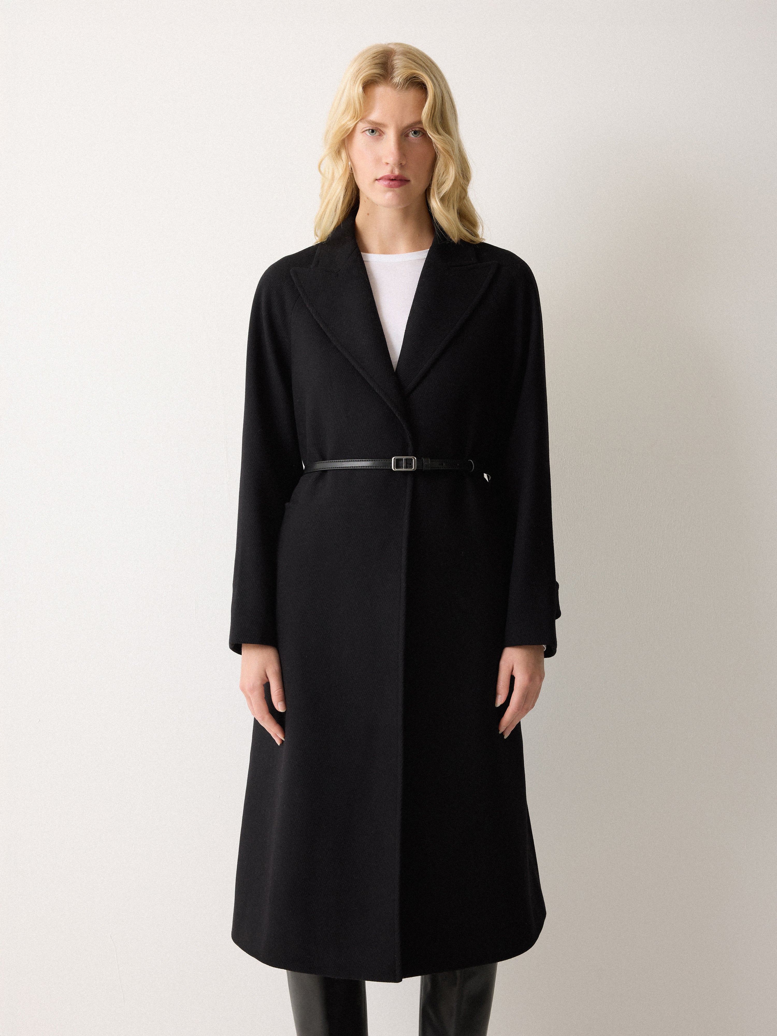 Wool Twill Belted Raglan Coat | Black – Jigsaw