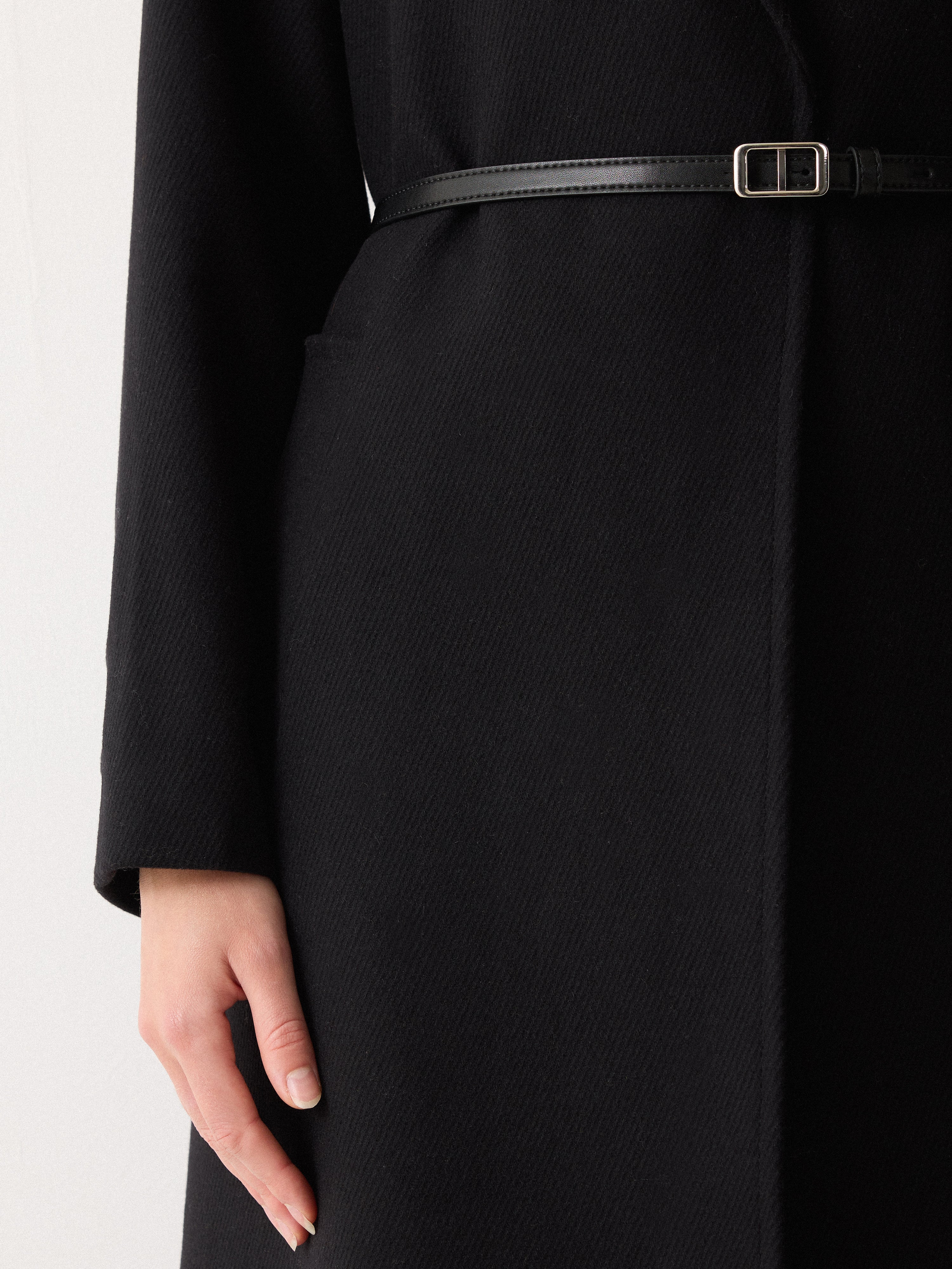 Wool Twill Belted Raglan Coat | Black