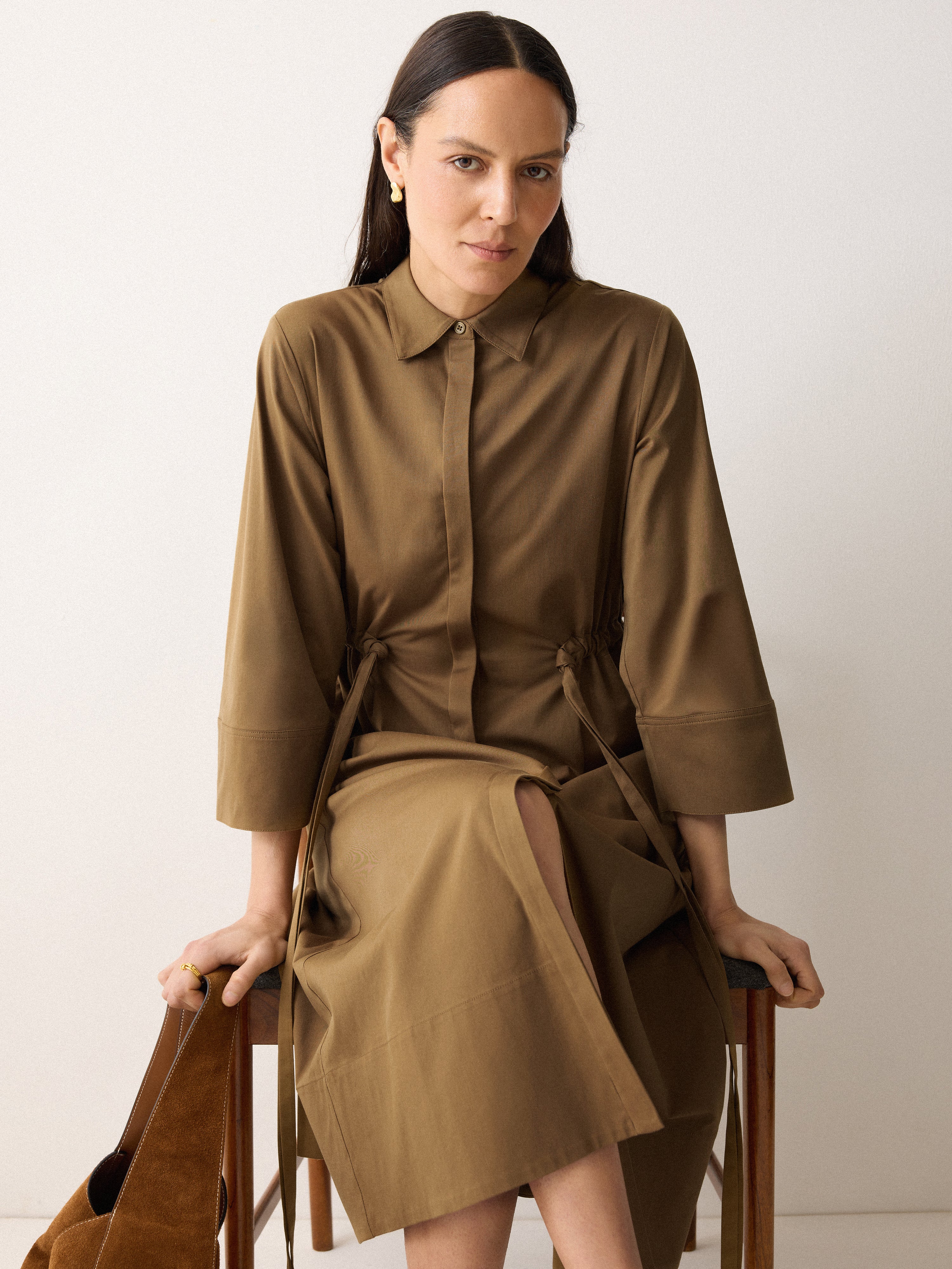 Cotton Tie Waist Shirt Dress | Khaki – Jigsaw