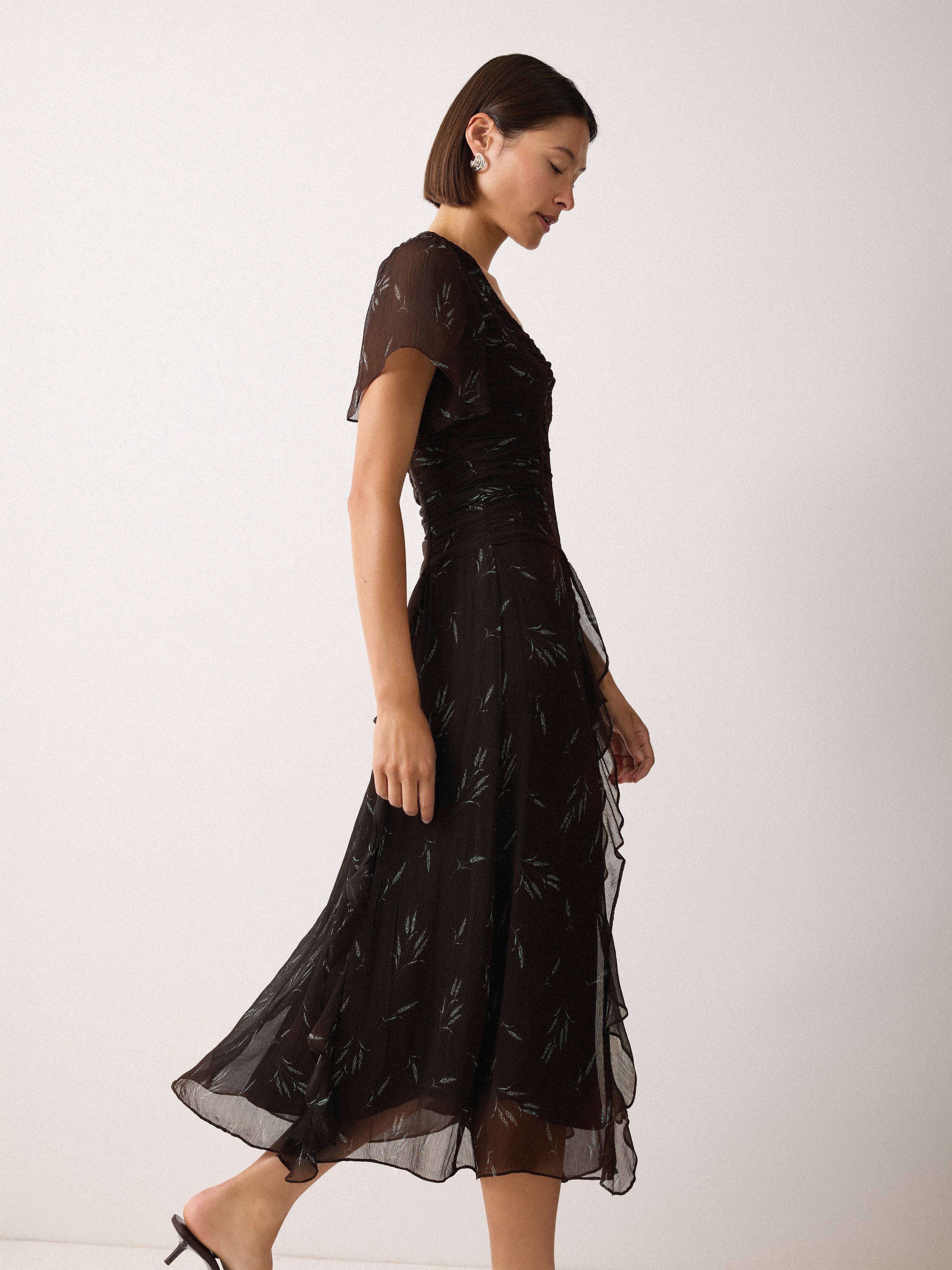 Wheat Flower Ruched Bias Dress