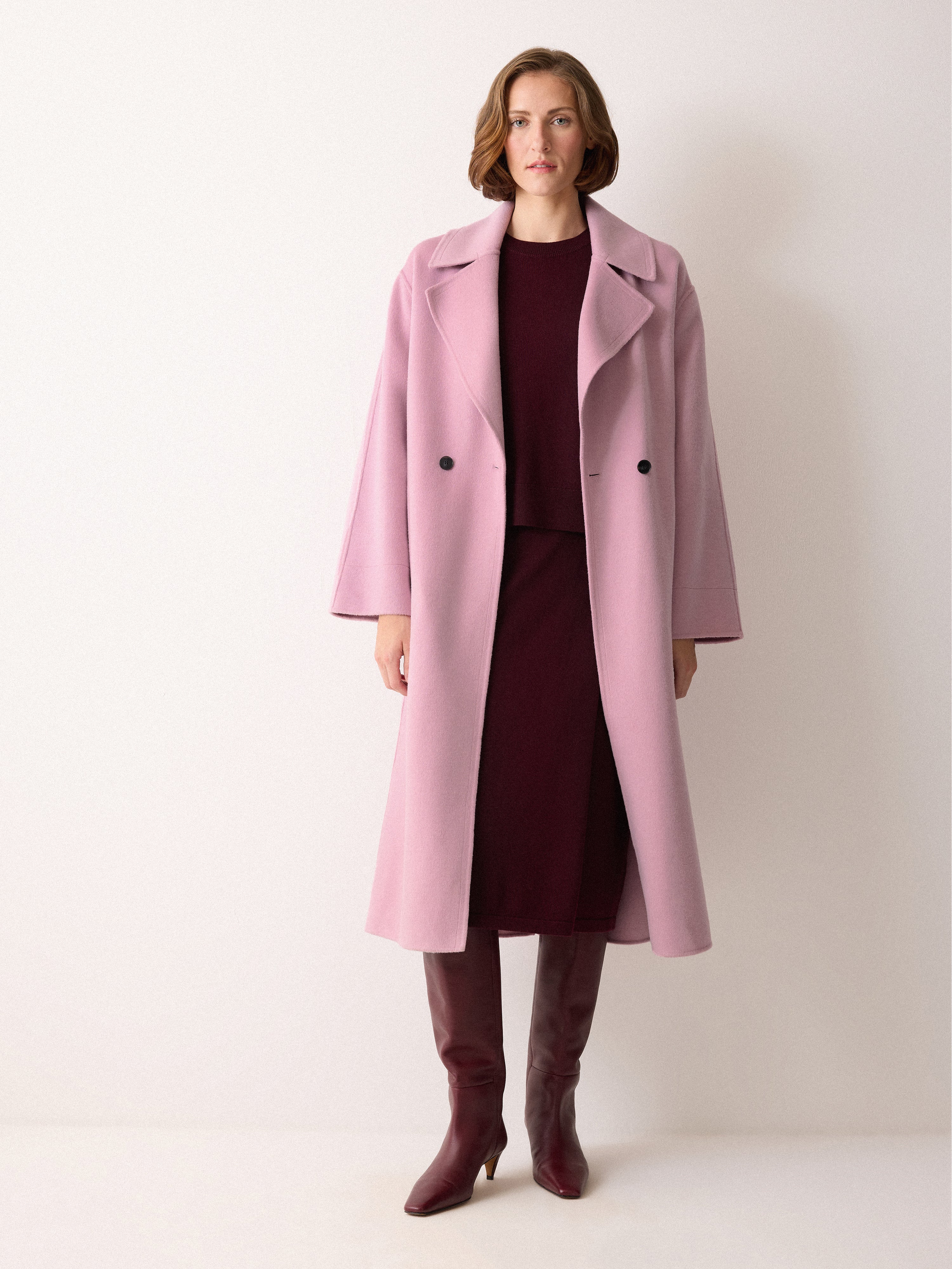 Double Faced Wool Wrap Coat | Pink