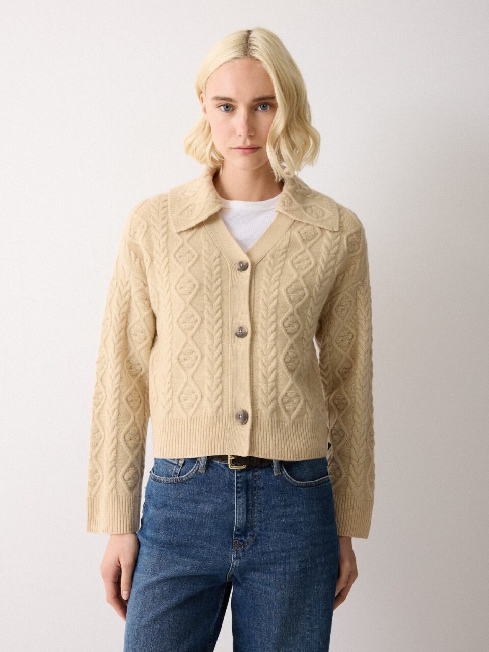Wool Cashmere Cable Cardigan | Cream – Jigsaw
