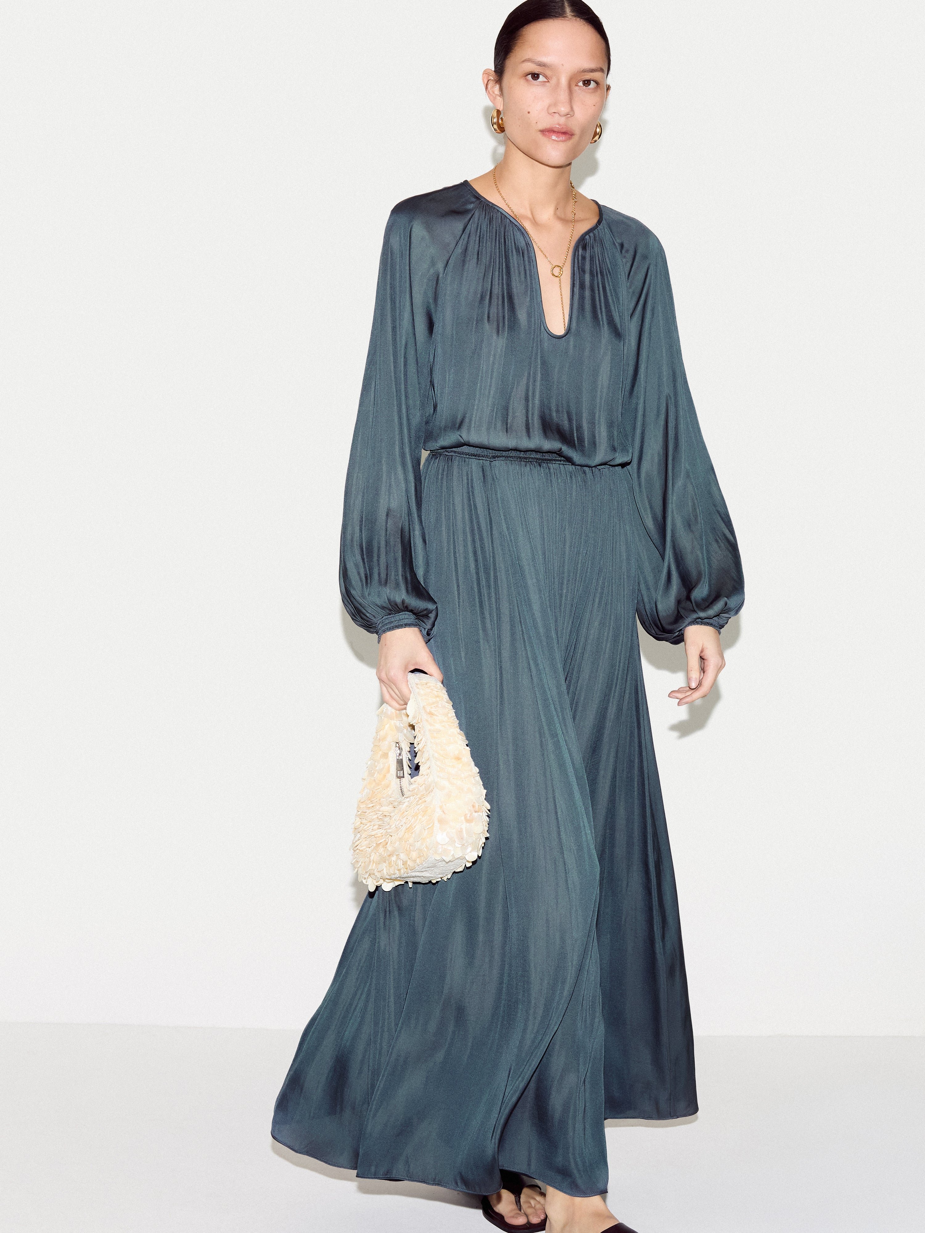 Recycled Satin U Neck Dress | Blue