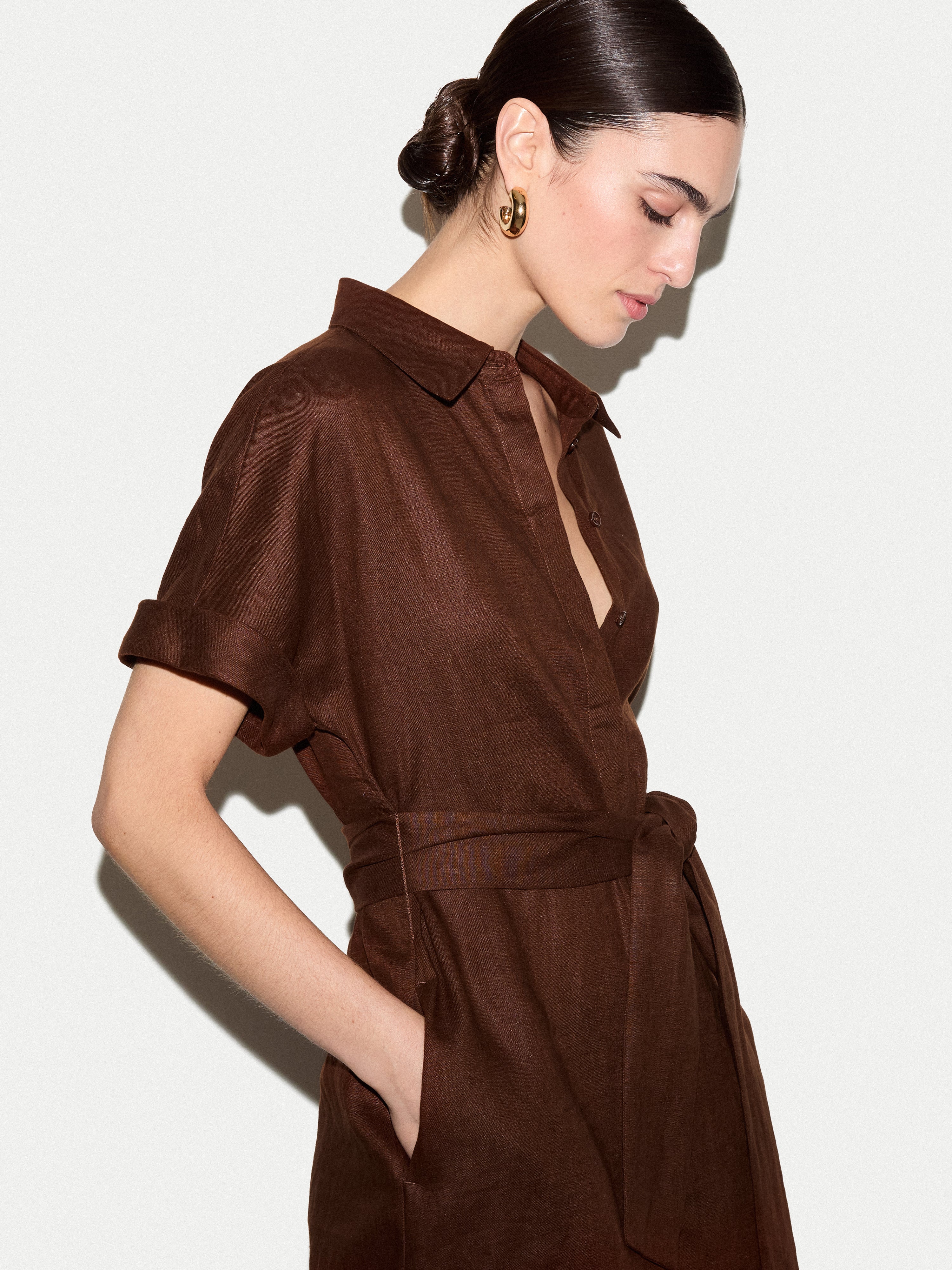 Linen Midi Shirt Dress | Brown  Jigsaw