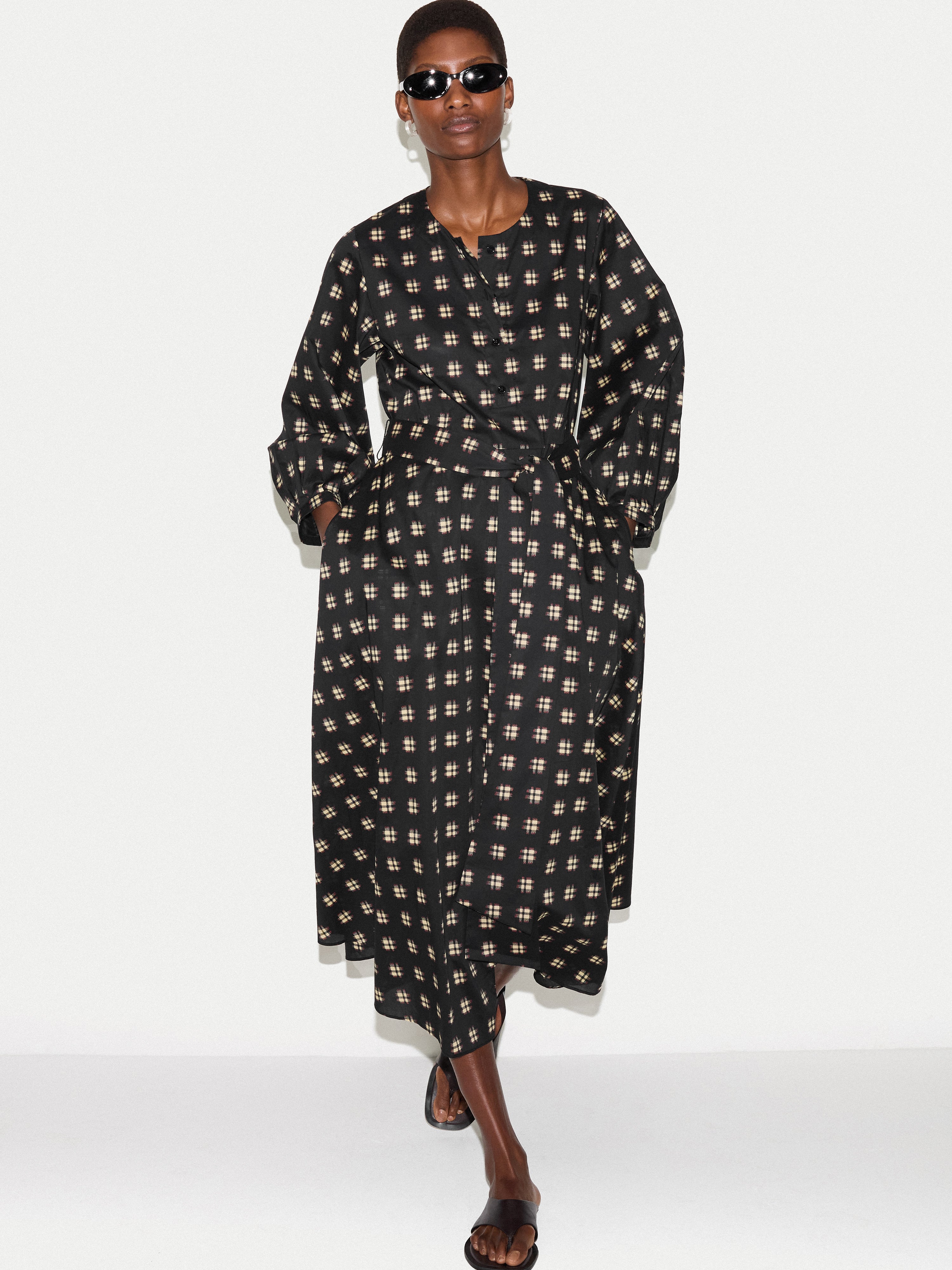 Geo Check Cotton Dress | Black