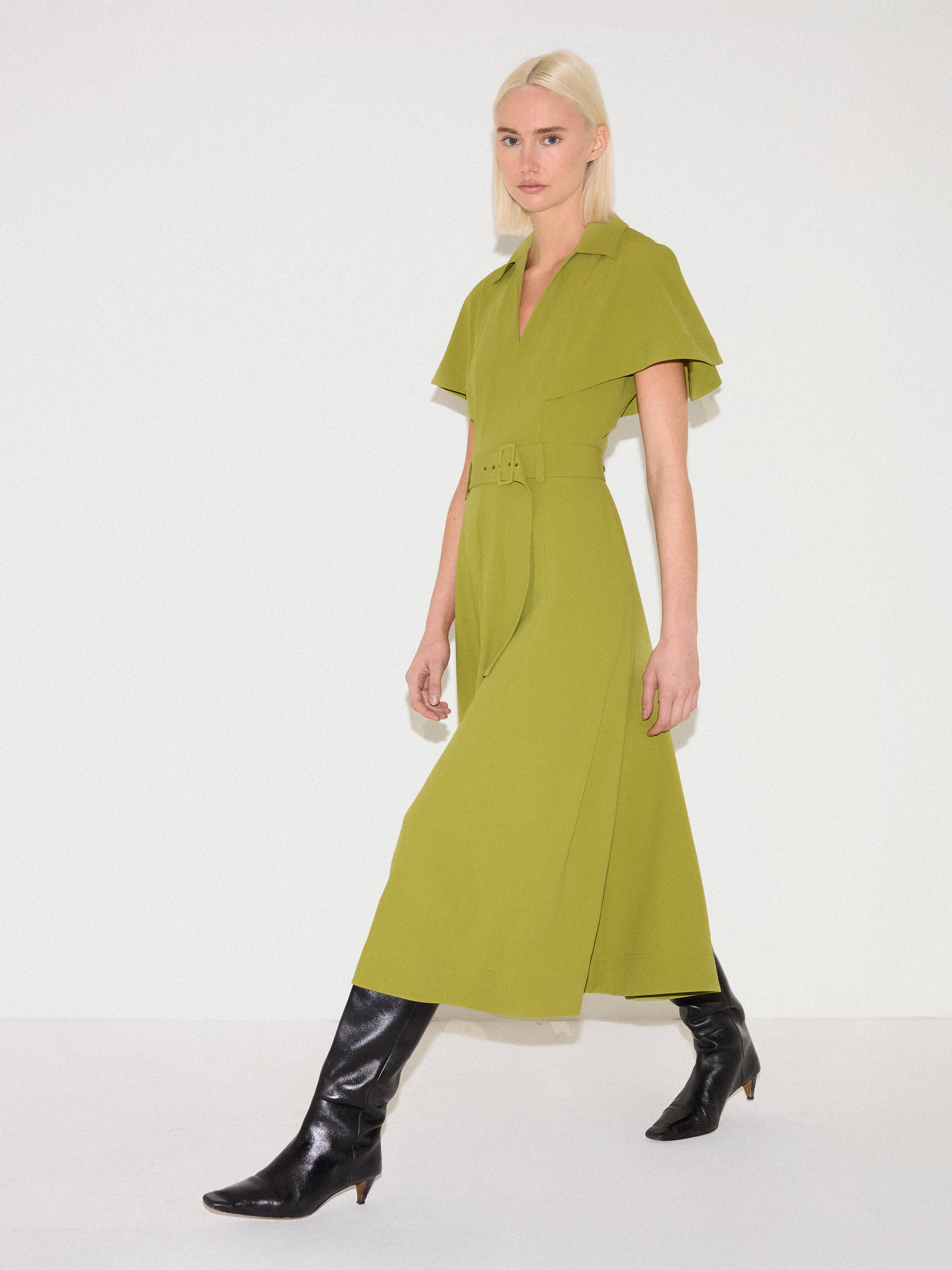 Cape Sleeve Belted Shirt Dress | Green