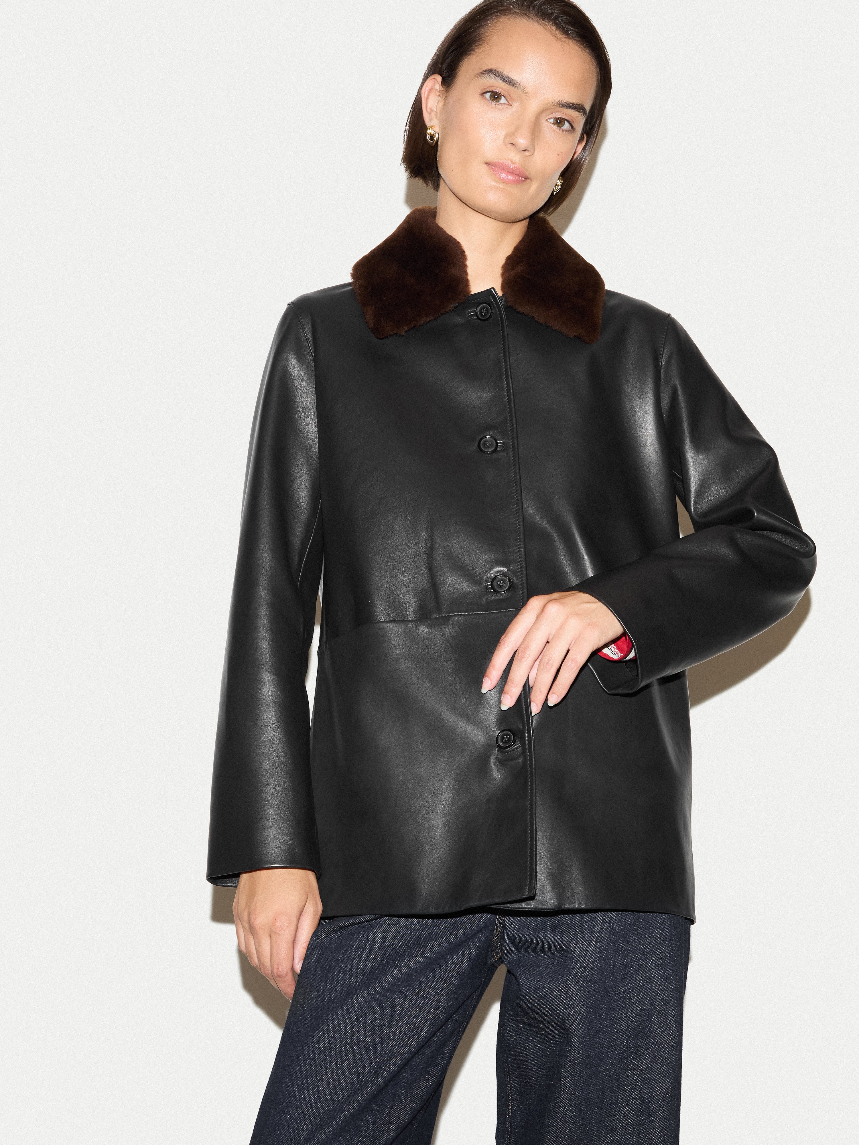 Shearling Collar Leather Jacket | Black – Jigsaw