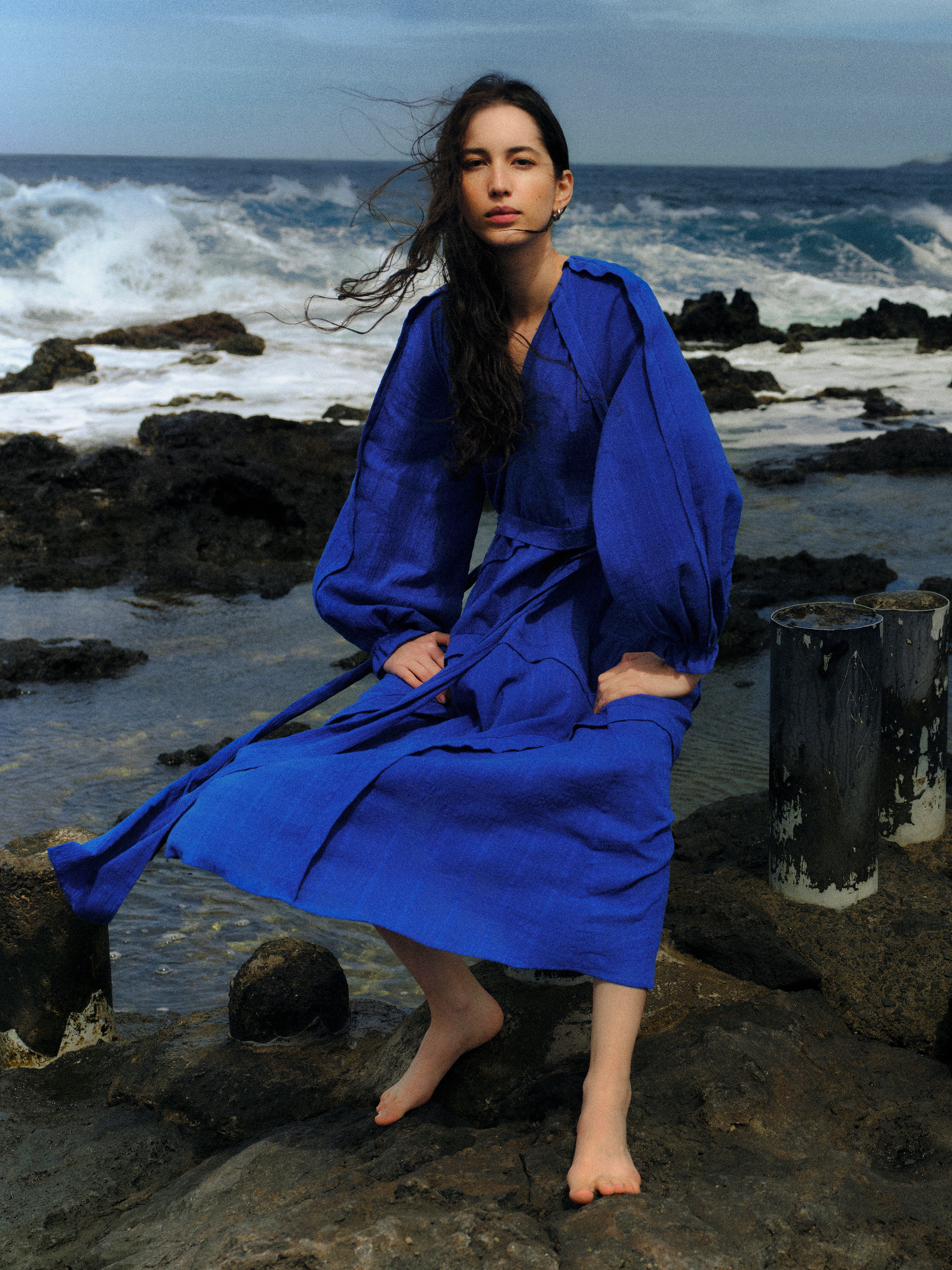 Textured Cotton Belted Dress | Blue  Jigsaw