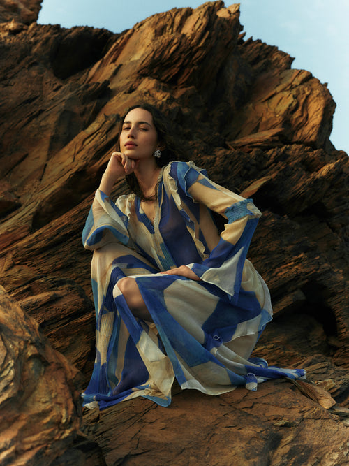 Abstract Long Sleeve Dress | Blue