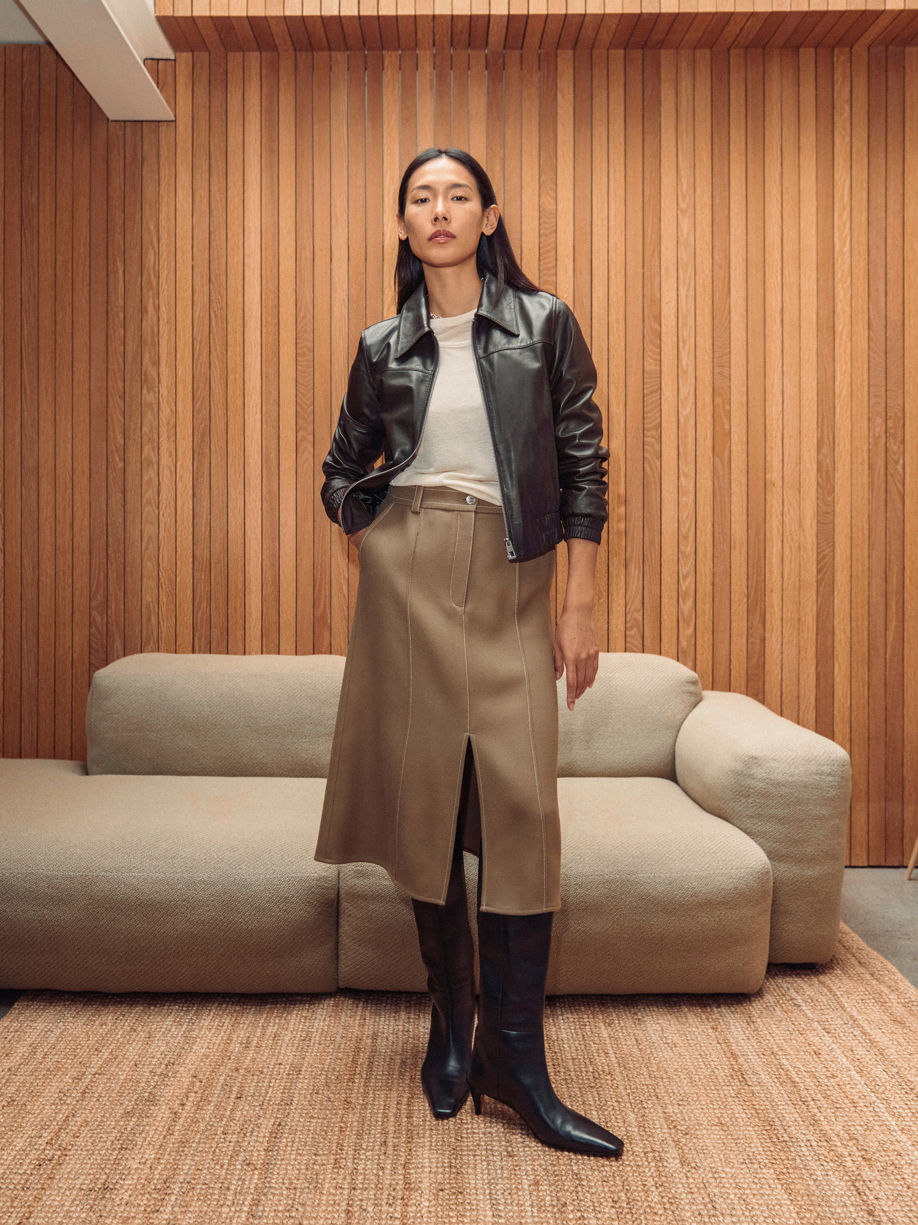 Leather Zip Front Biker Dark Olive – Jigsaw