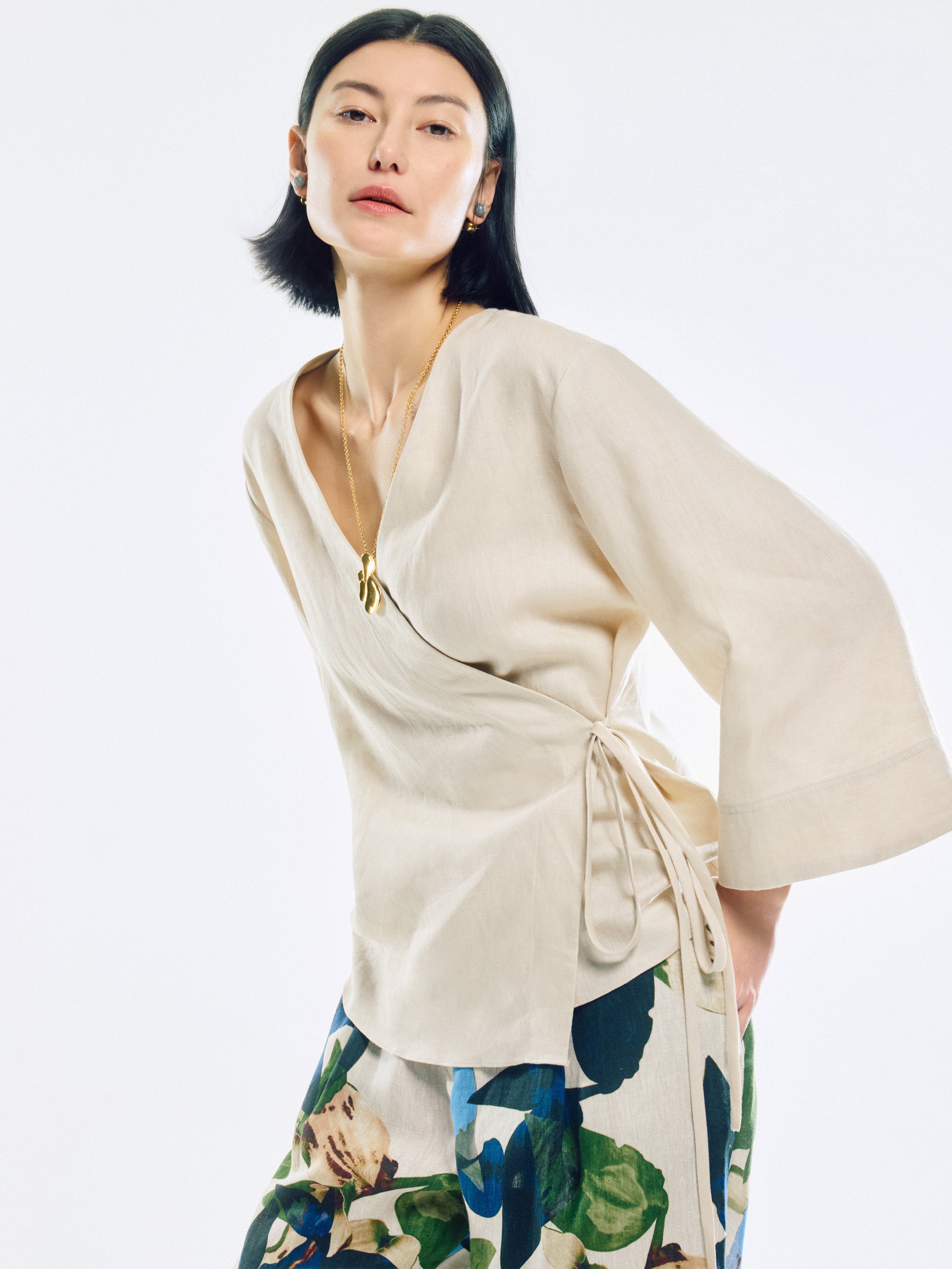 Linen Wrap Front Top | Beige