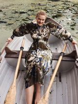 Glitched Ikat Velvet Dress | Green