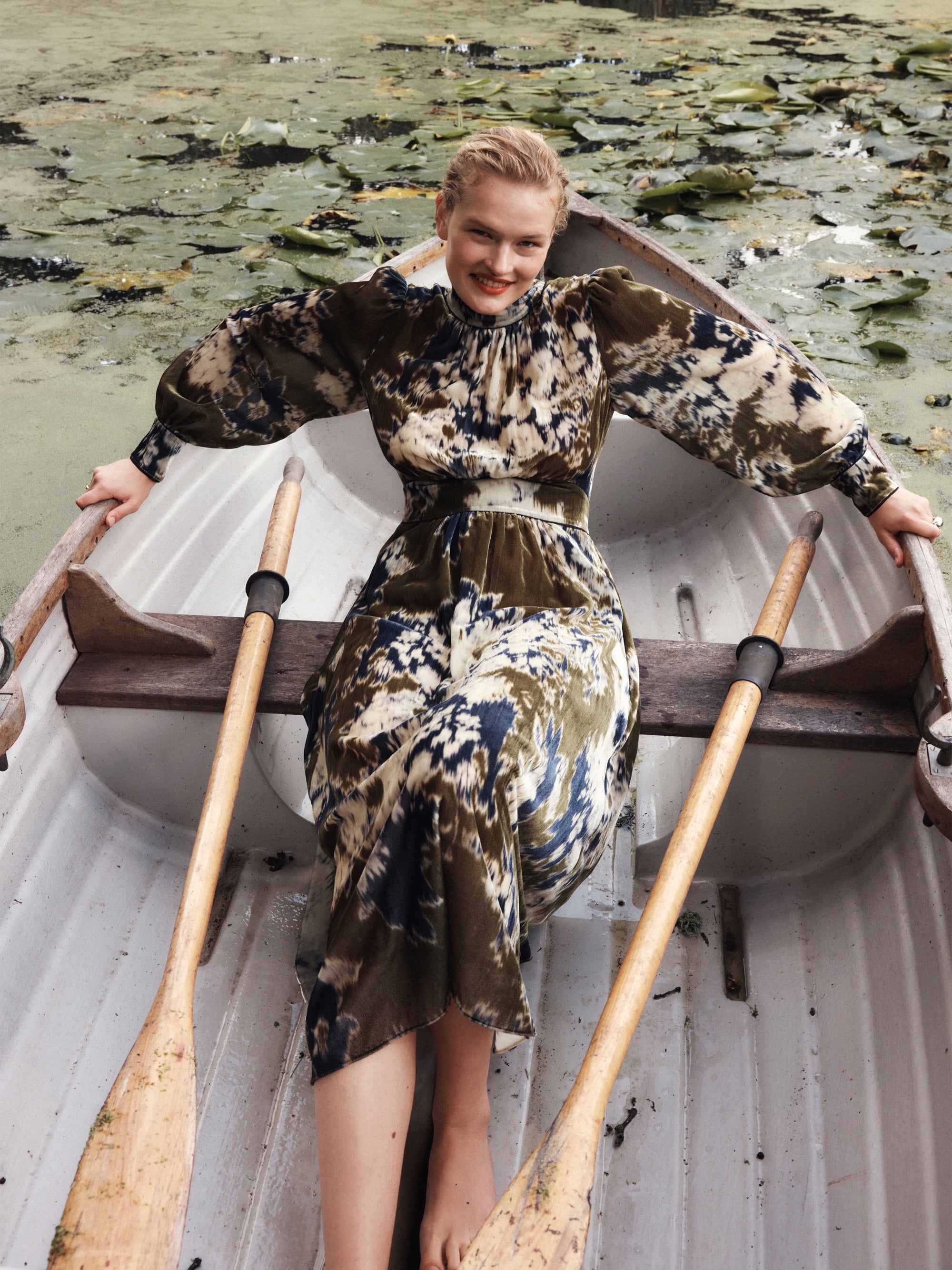 Glitched Ikat Velvet Dress Green Jigsaw