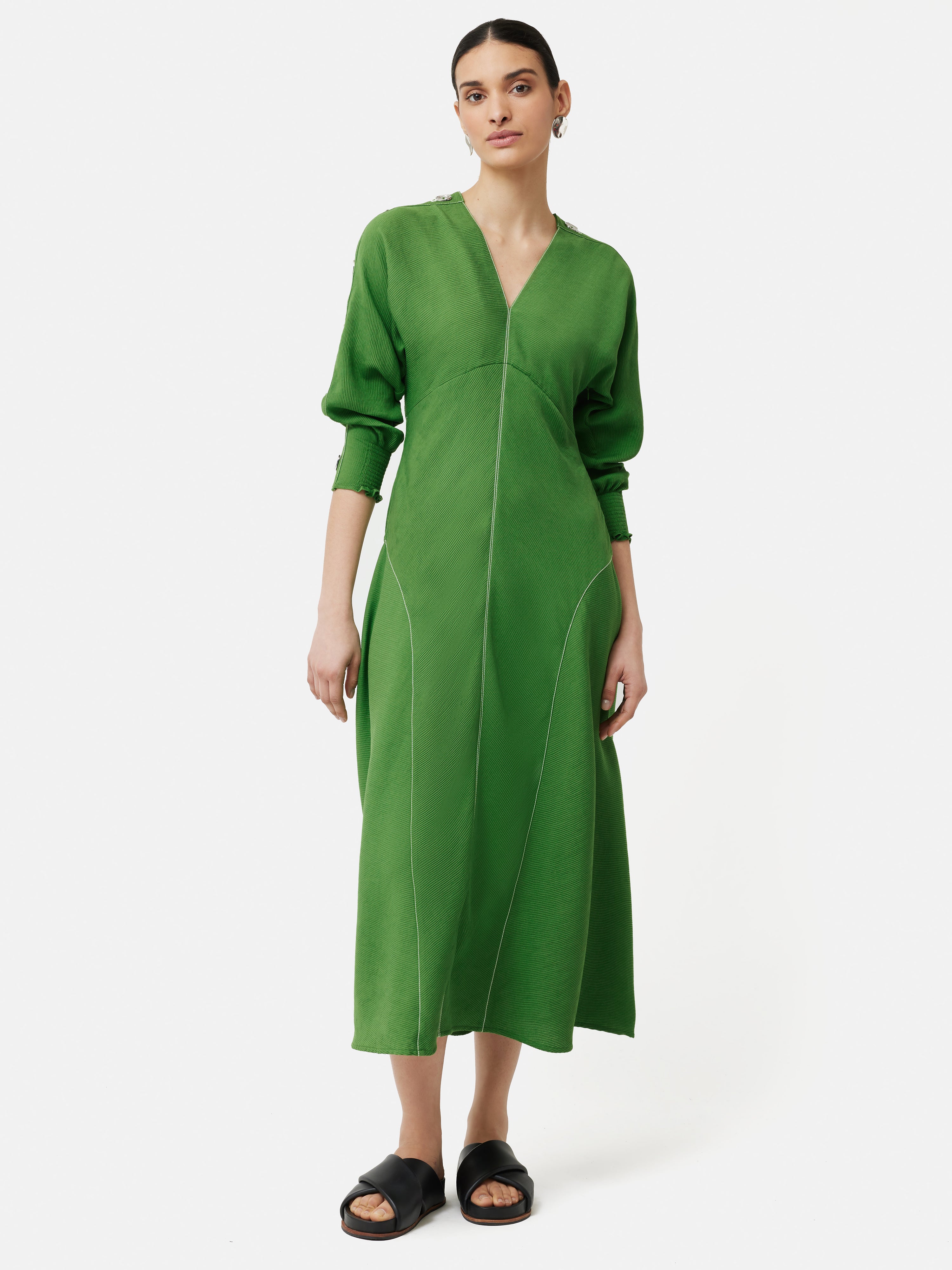 Button Detail Crepe Midi Dress | Green – Jigsaw