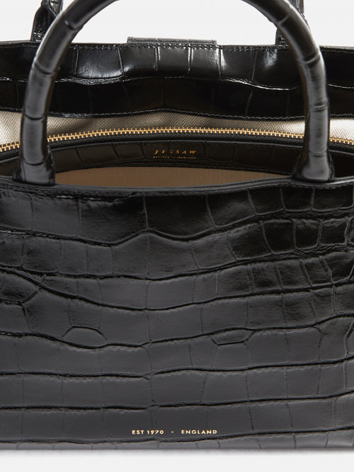 Adela Croc Leather Tote | Black