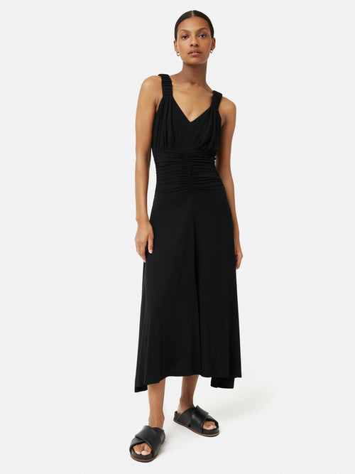 Shirred Strap Jersey Dress | Black
