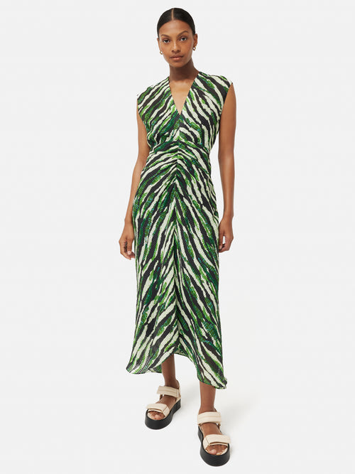 Abstract Zebra Silk Linen Dress | Green