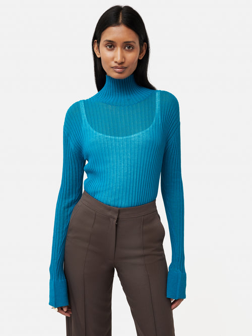 Fluted Cuff Plisse Knit Top | Blue
