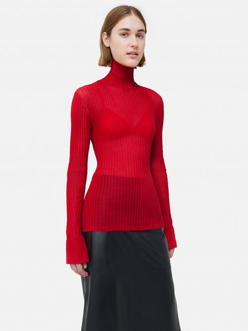 Fluted Cuff Plisse Knit Top | Red
