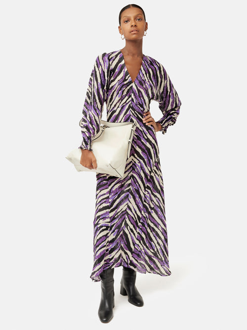 Abstract Zebra Silk Linen Midi Dress | Purple