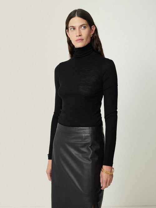 Wool Jersey Polo Neck Top | Black