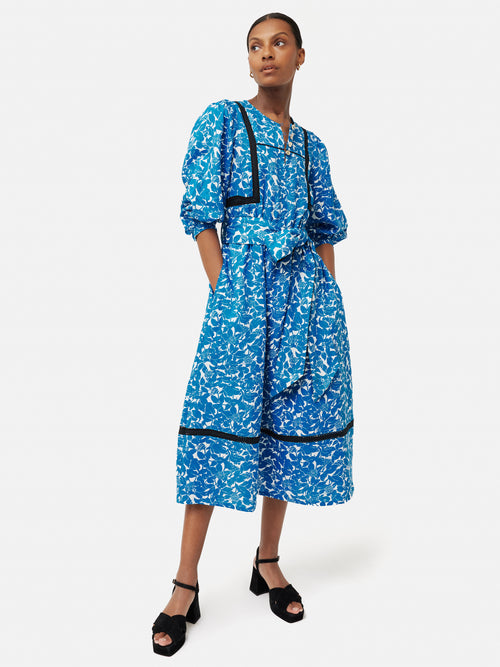 Shadow Leaf Linen Dress | Blue