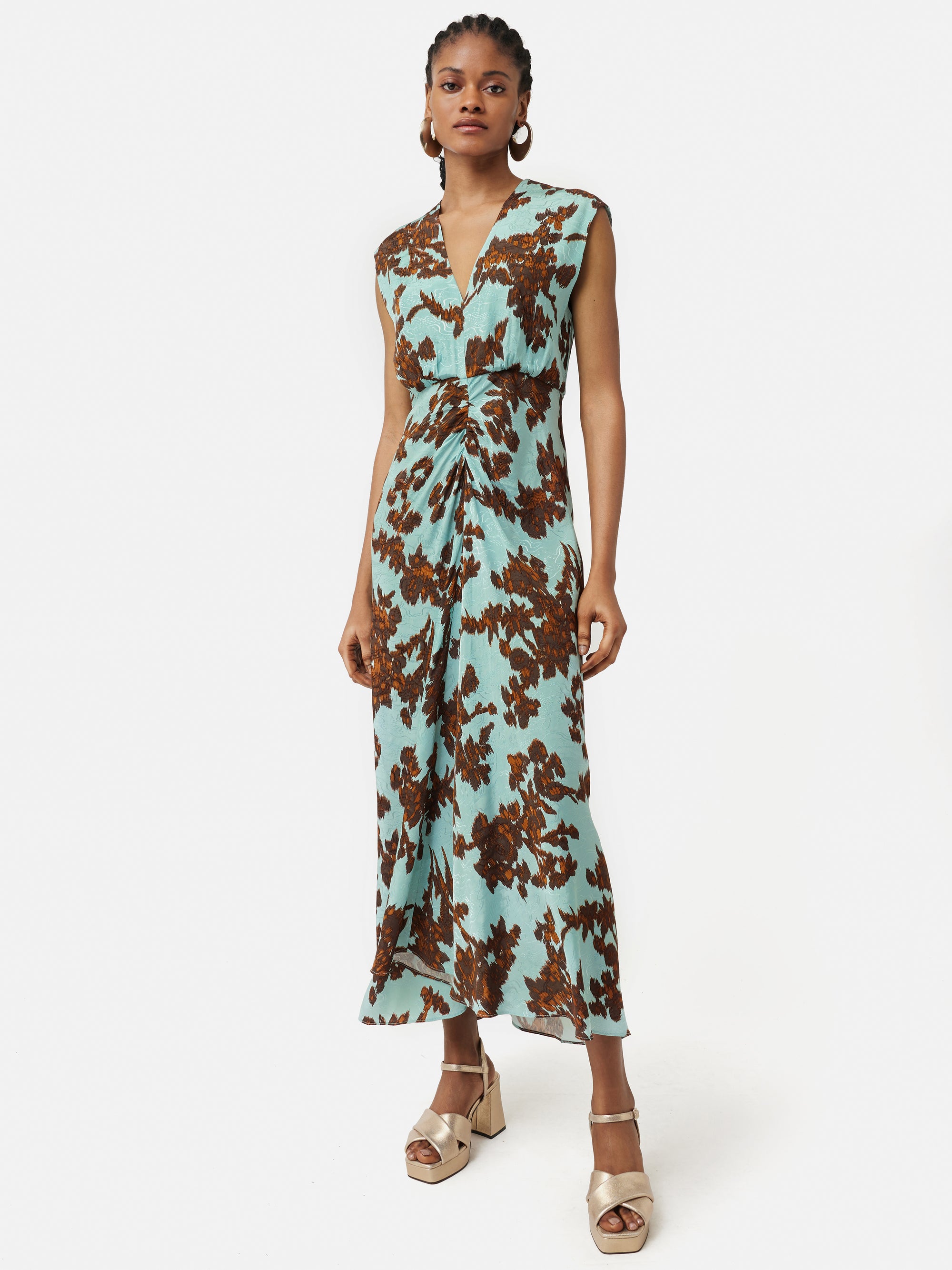 Ikat Posy Jacquard Ruched Dress Aqua Jigsaw
