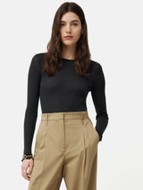 Wool Rib Frill Long Sleeve Top | Grey