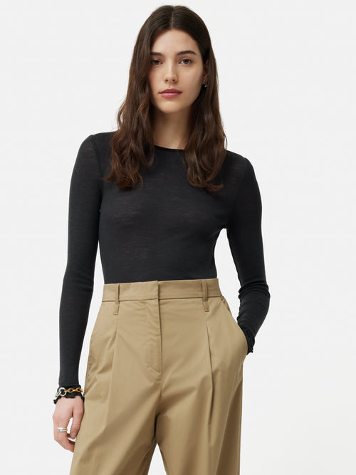 Wool Rib Frill Long Sleeve Top | Grey