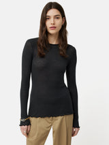 Wool Rib Frill Long Sleeve Top | Grey