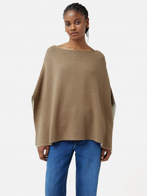 Reversible Cotton Blend Poncho | Camel